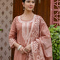 Dark Peach Silk Weaving Round Neck 3/4 Sleeve Straight Kurta Set With Pant & Dupatta