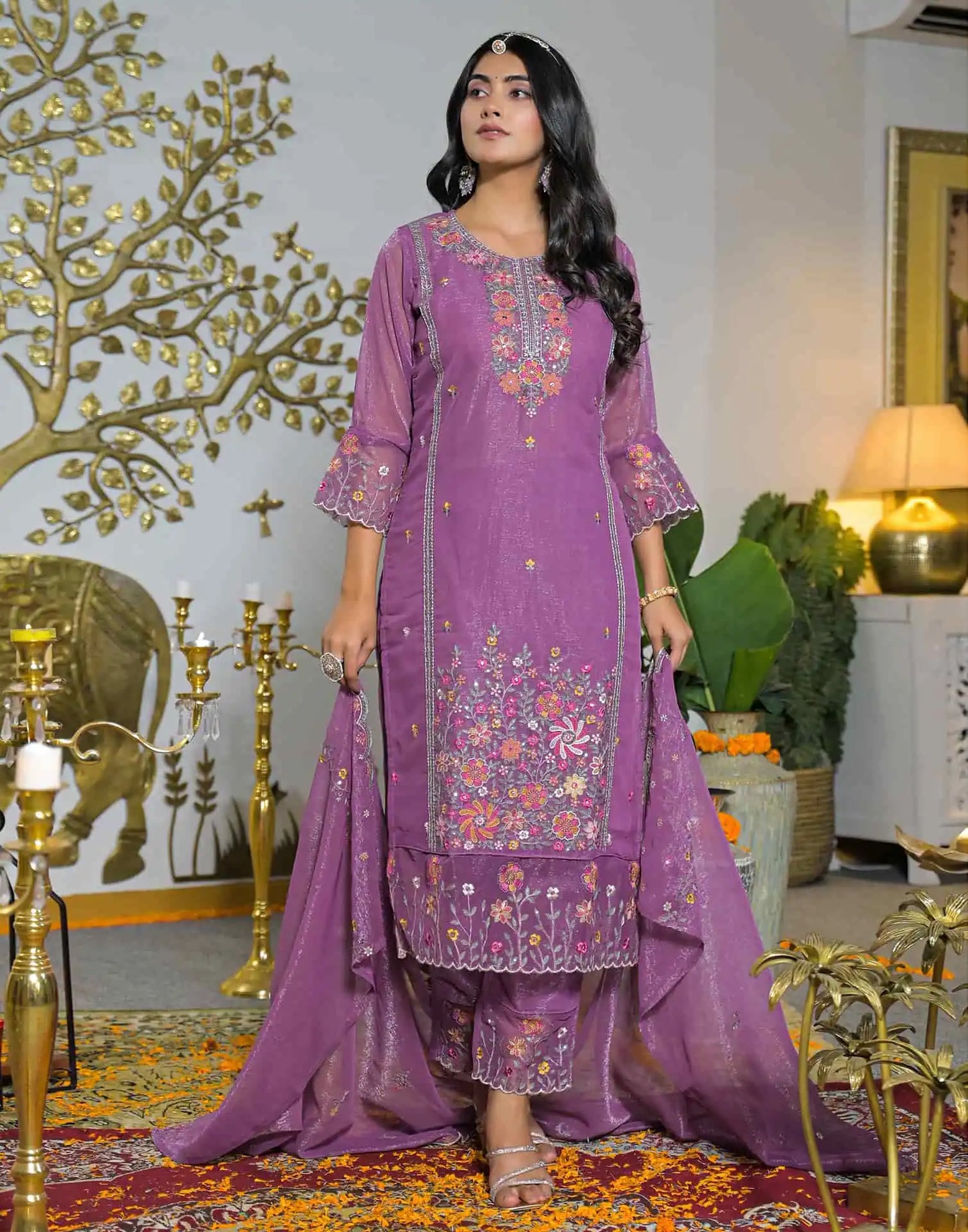Shimmer Chiffon Straight Embroidery Round Neck Kurta with Pant & Dupatta