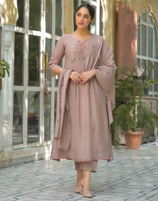 Silk Embroidered A-Line 3 Piece Kurta Set