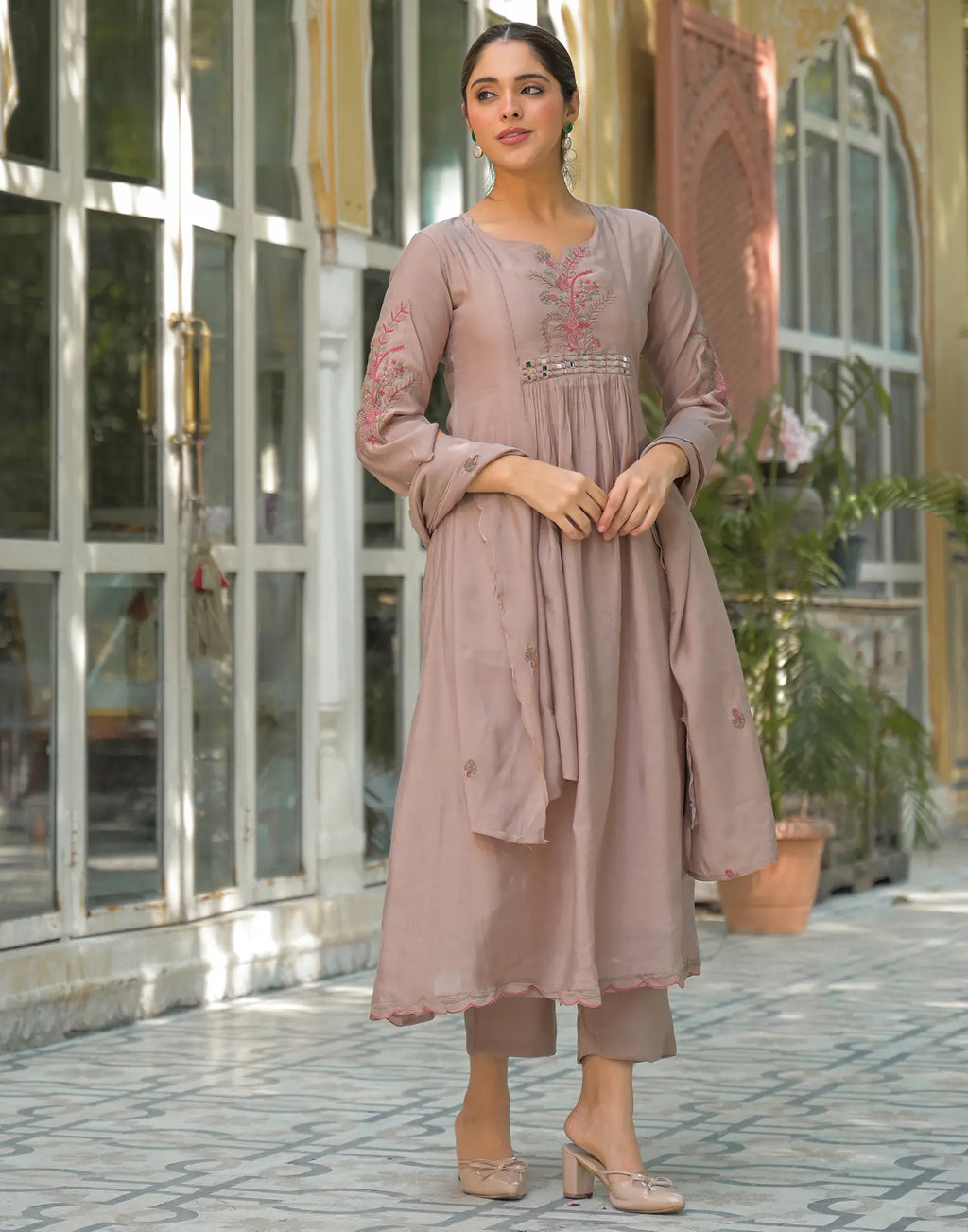 Skylee Silk Embroidered A-Line 3 Piece Kurta Set For Woman