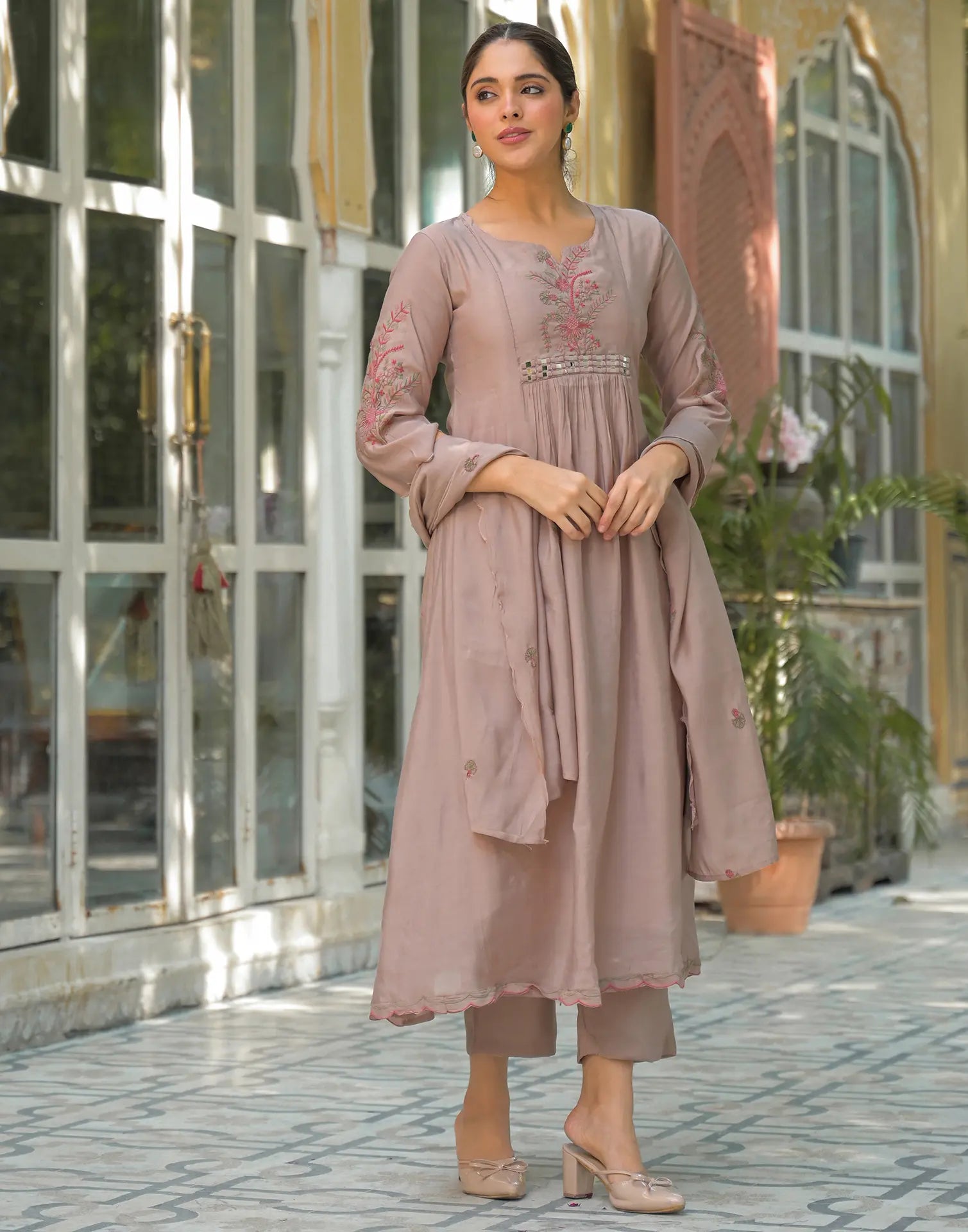 Skylee Silk Embroidered A-Line 3 Piece Kurta Set For Woman