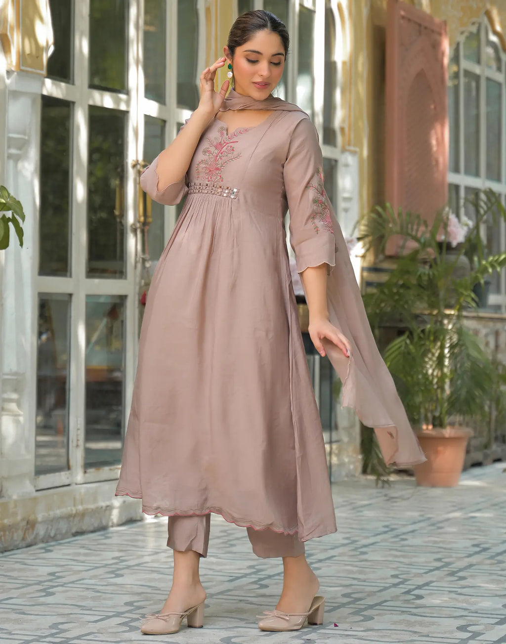 Skylee Silk Embroidered A-Line 3 Piece Kurta Set For Woman