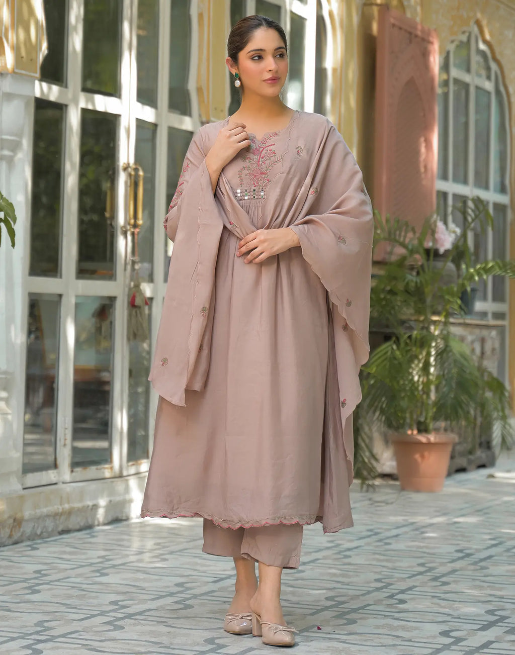 Skylee Silk Embroidered A-Line 3 Piece Kurta Set For Woman