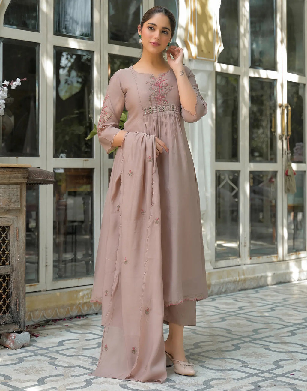 Skylee Silk Embroidered A-Line 3 Piece Kurta Set For Woman