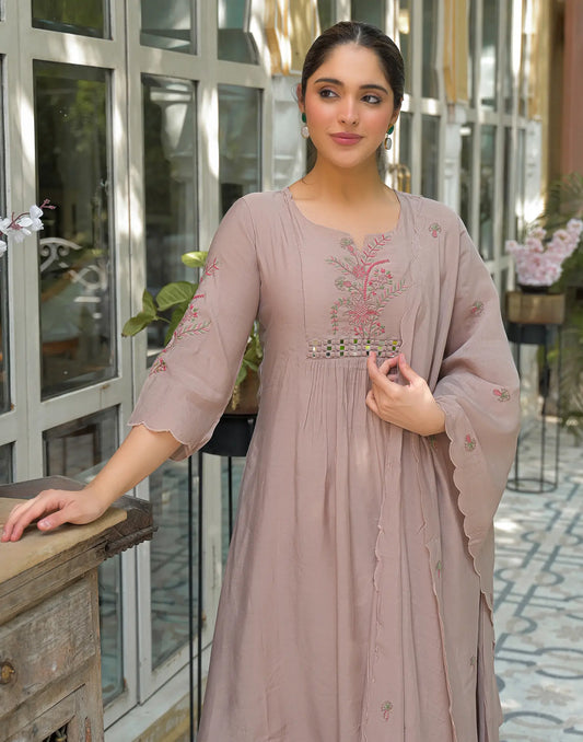 Silk Embroidered A-Line 3 Piece Kurta Set