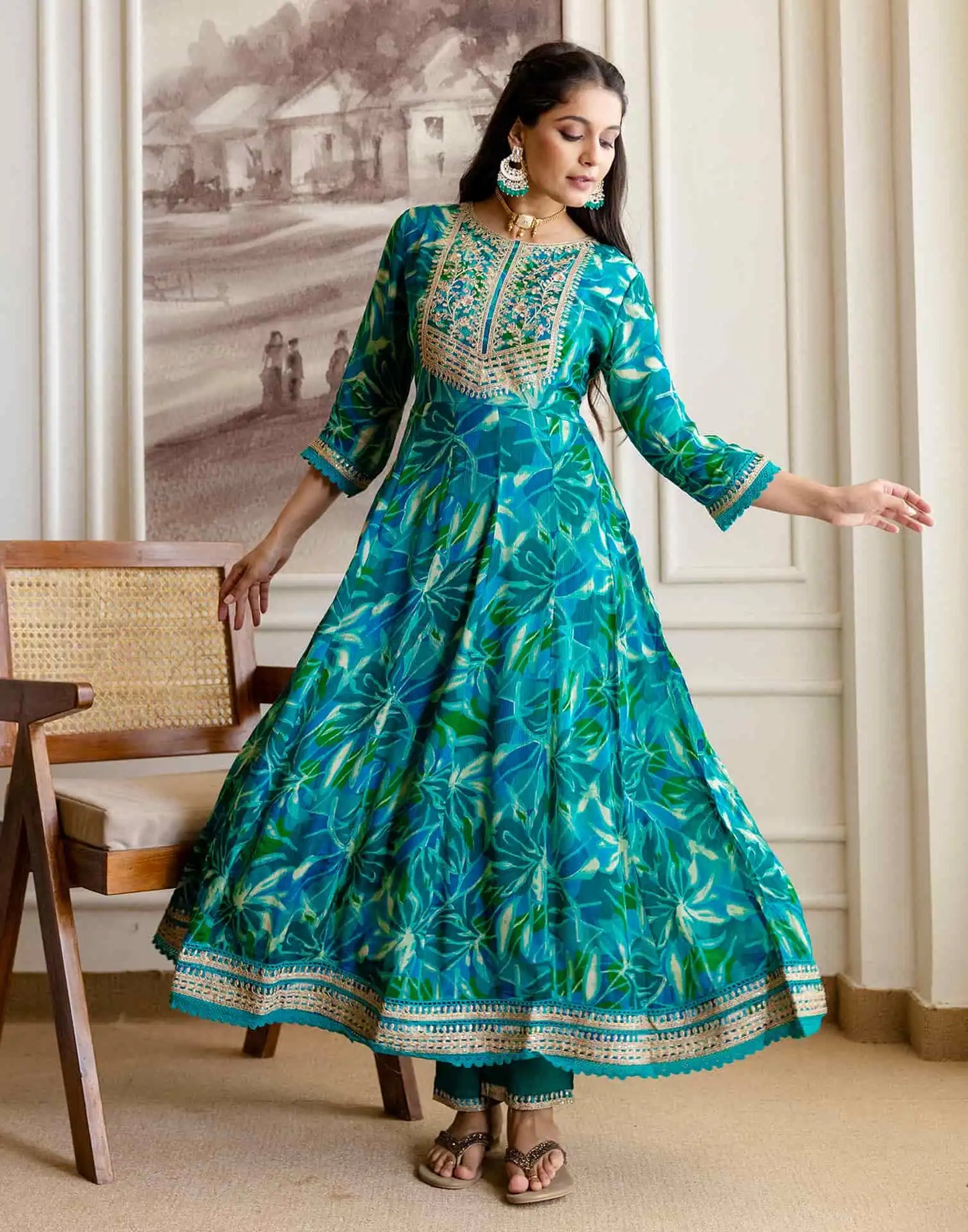 Blue Silk Printed Anarkali Kurta Set with Pant & Dupatta Affordable Ethnic Wear for Festive & Wedding
