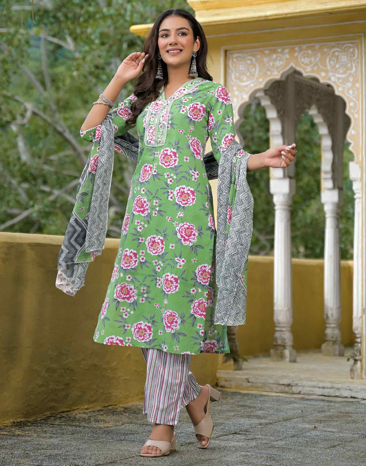 Cotton Straight Printed V-Neck Kurta with Pant & Dupatta