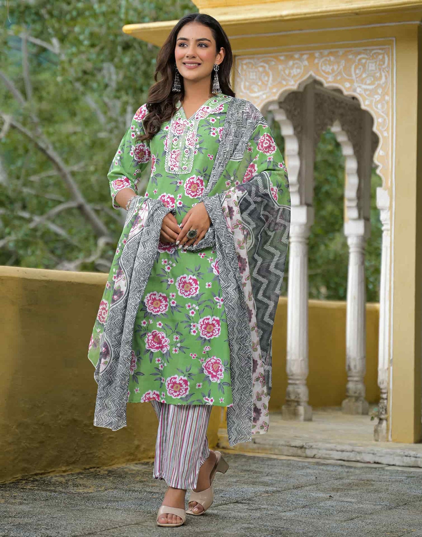 Cotton Straight Printed V-Neck Kurta with Pant & Dupatta