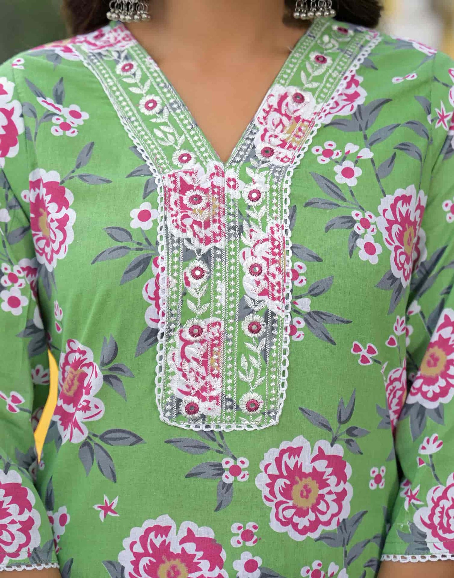 Cotton Straight Printed V-Neck Kurta with Pant & Dupatta