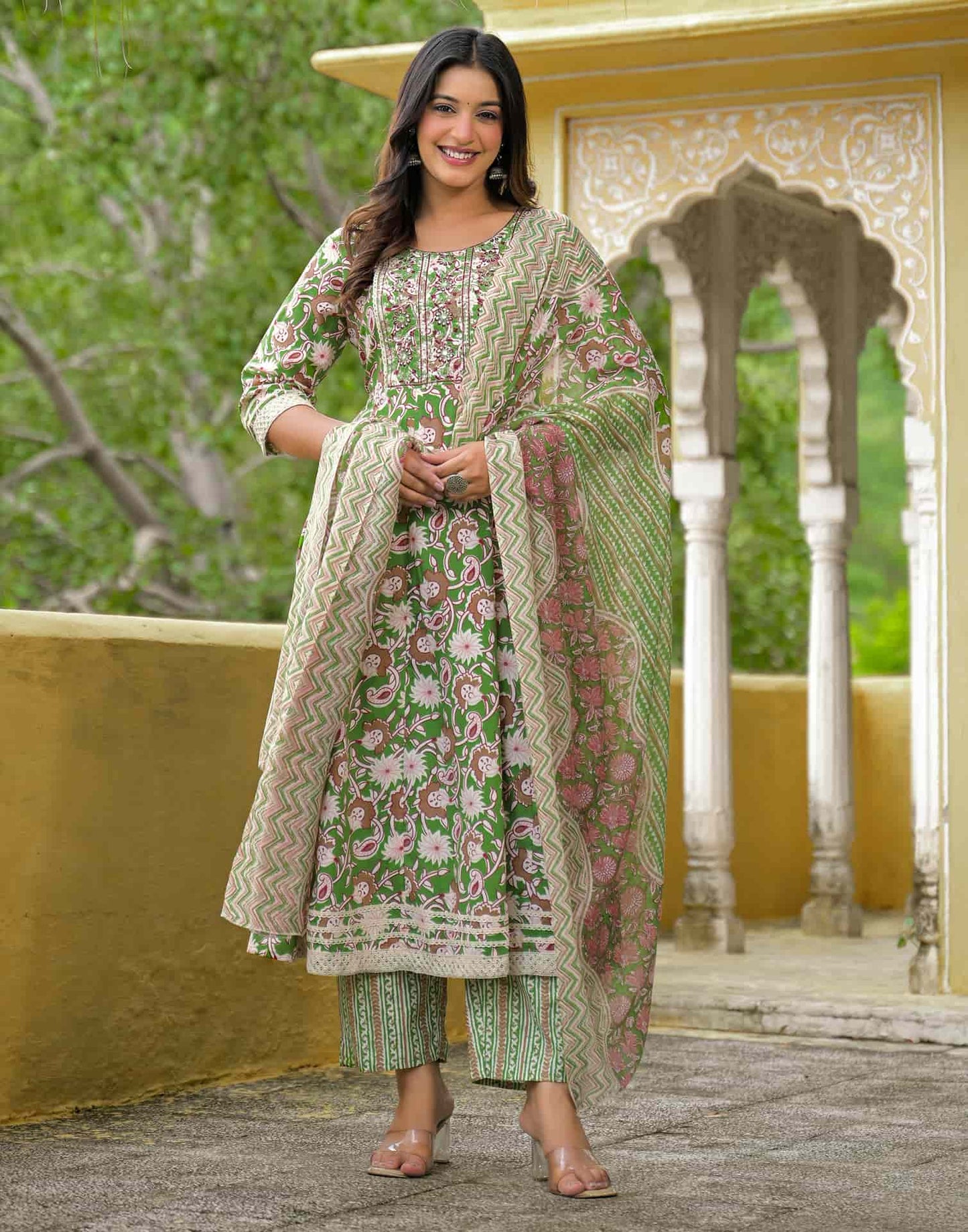 Cotton Anarkali Printed Round Neck Kurta with Pant & Dupatta