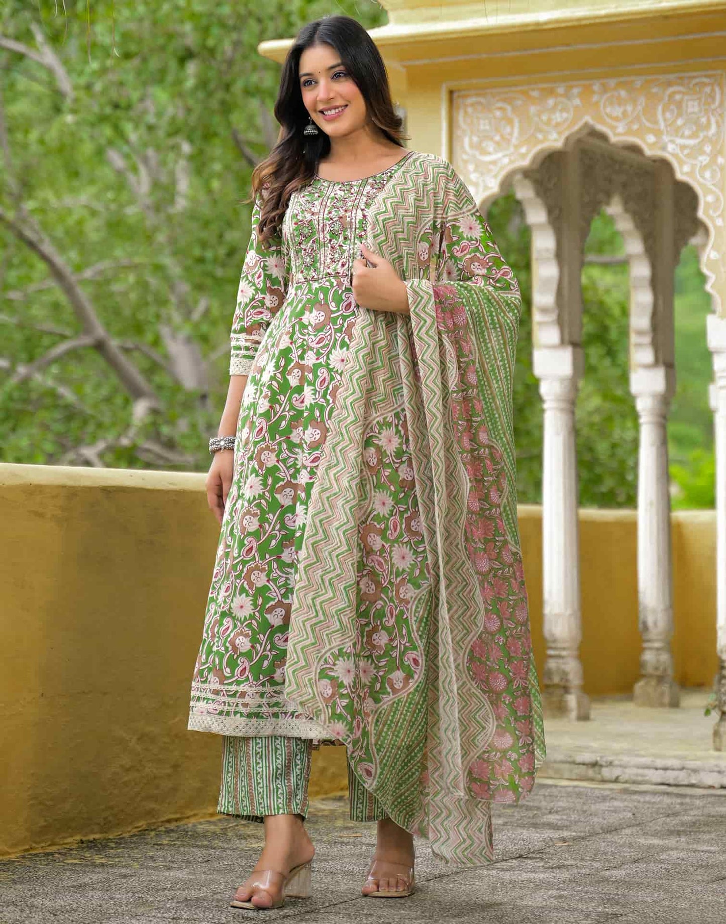 Cotton Anarkali Printed Round Neck Kurta with Pant & Dupatta