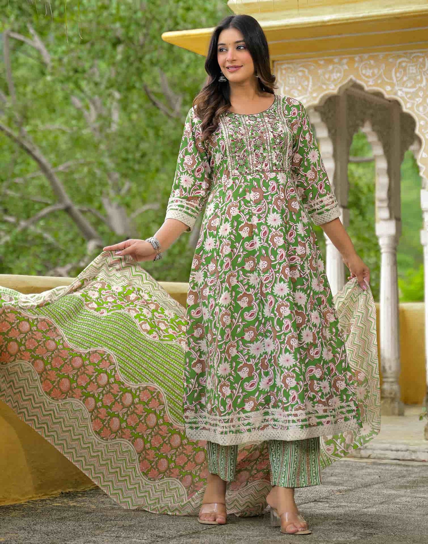 Cotton Anarkali Printed Round Neck Kurta with Pant & Dupatta