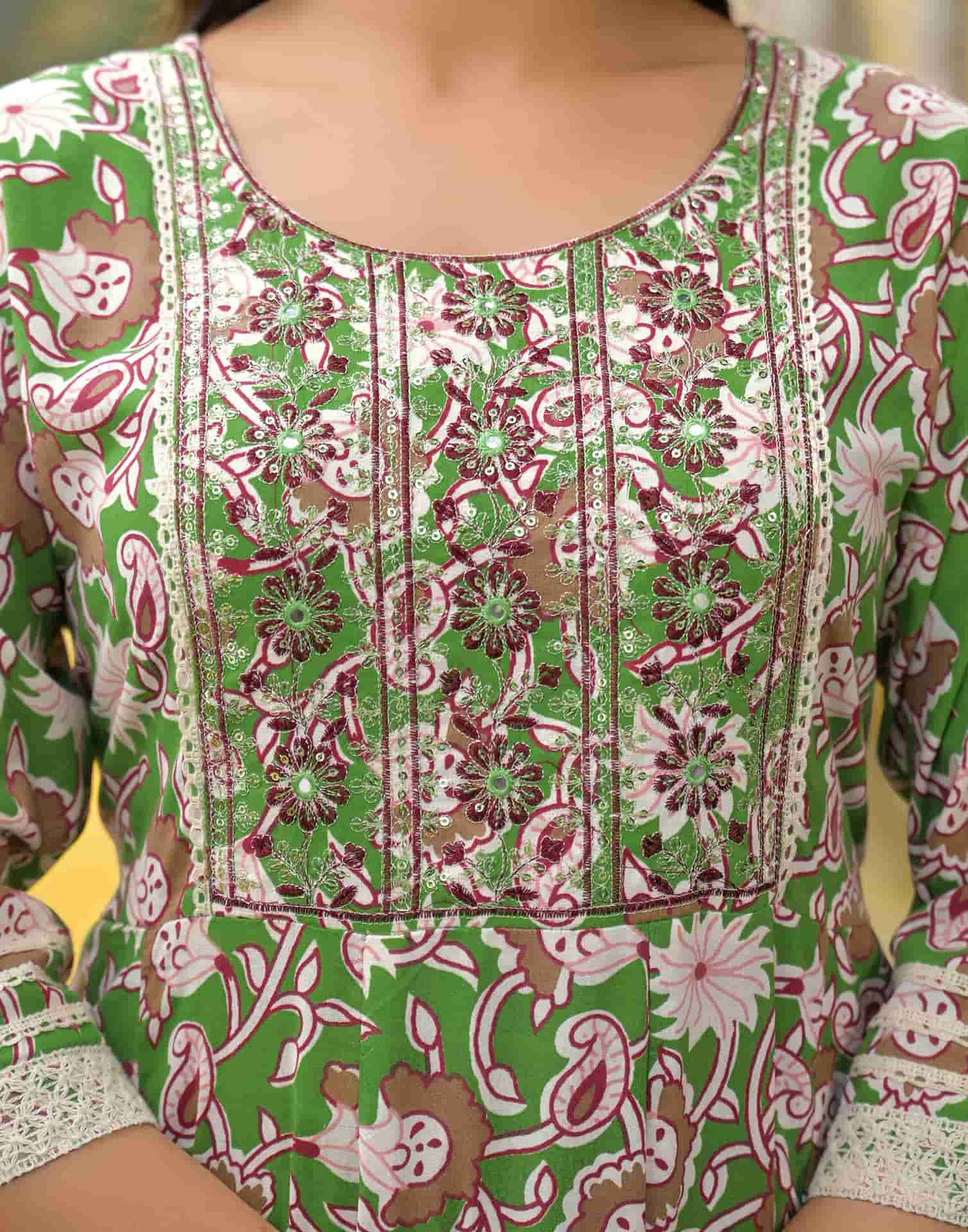 Cotton Anarkali Printed Round Neck Kurta with Pant & Dupatta