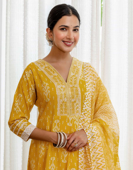 Cotton Anarkali Printed V-Neck Kurta with Pant & Dupatta