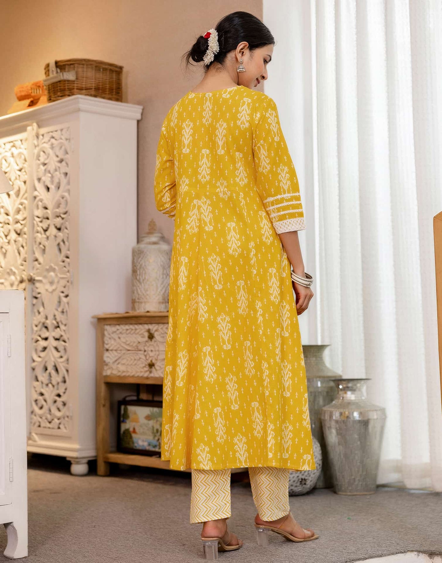 Cotton Anarkali Printed V-Neck Kurta with Pant & Dupatta