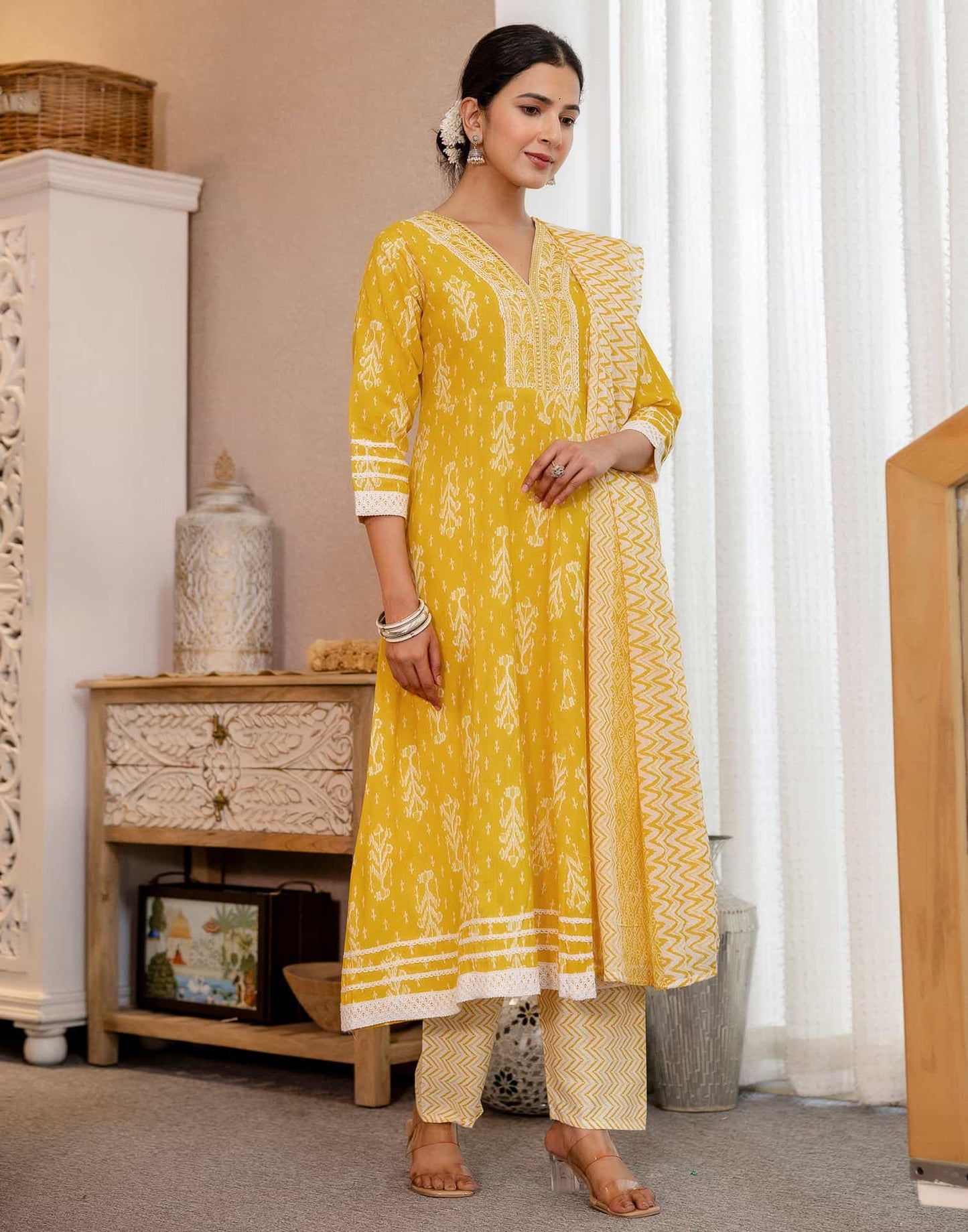 Cotton Anarkali Printed V-Neck Kurta with Pant & Dupatta