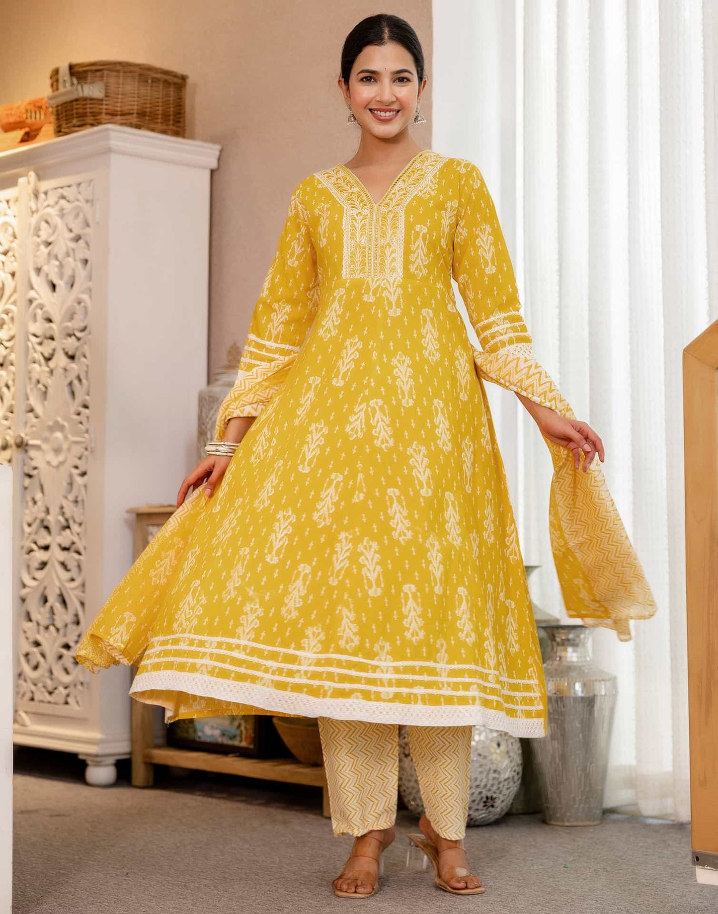 Cotton Anarkali Printed V-Neck Kurta with Pant & Dupatta