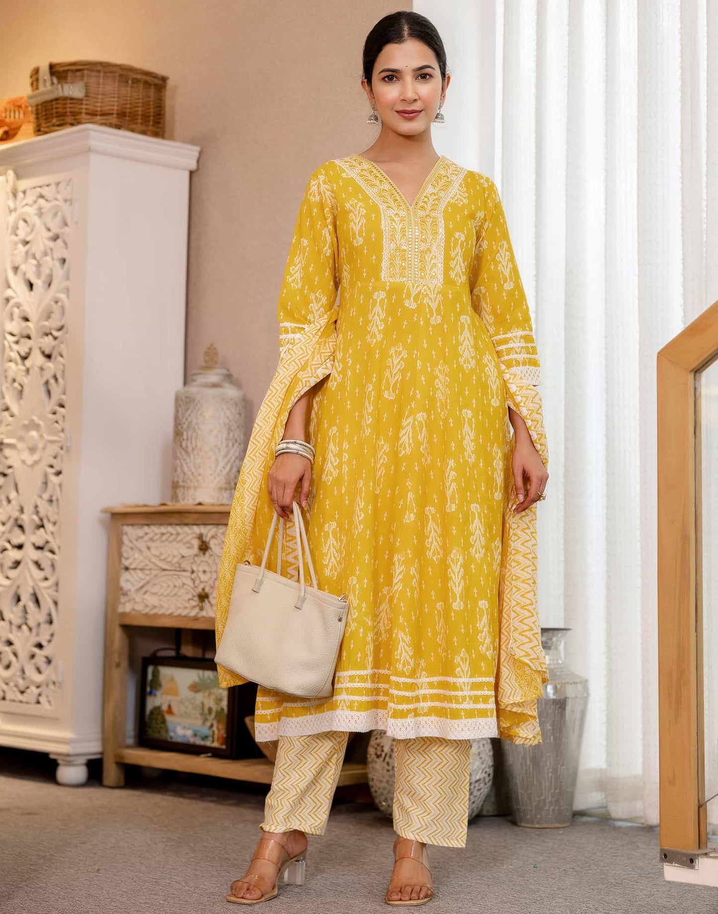 Cotton Anarkali Printed V-Neck Kurta with Pant & Dupatta