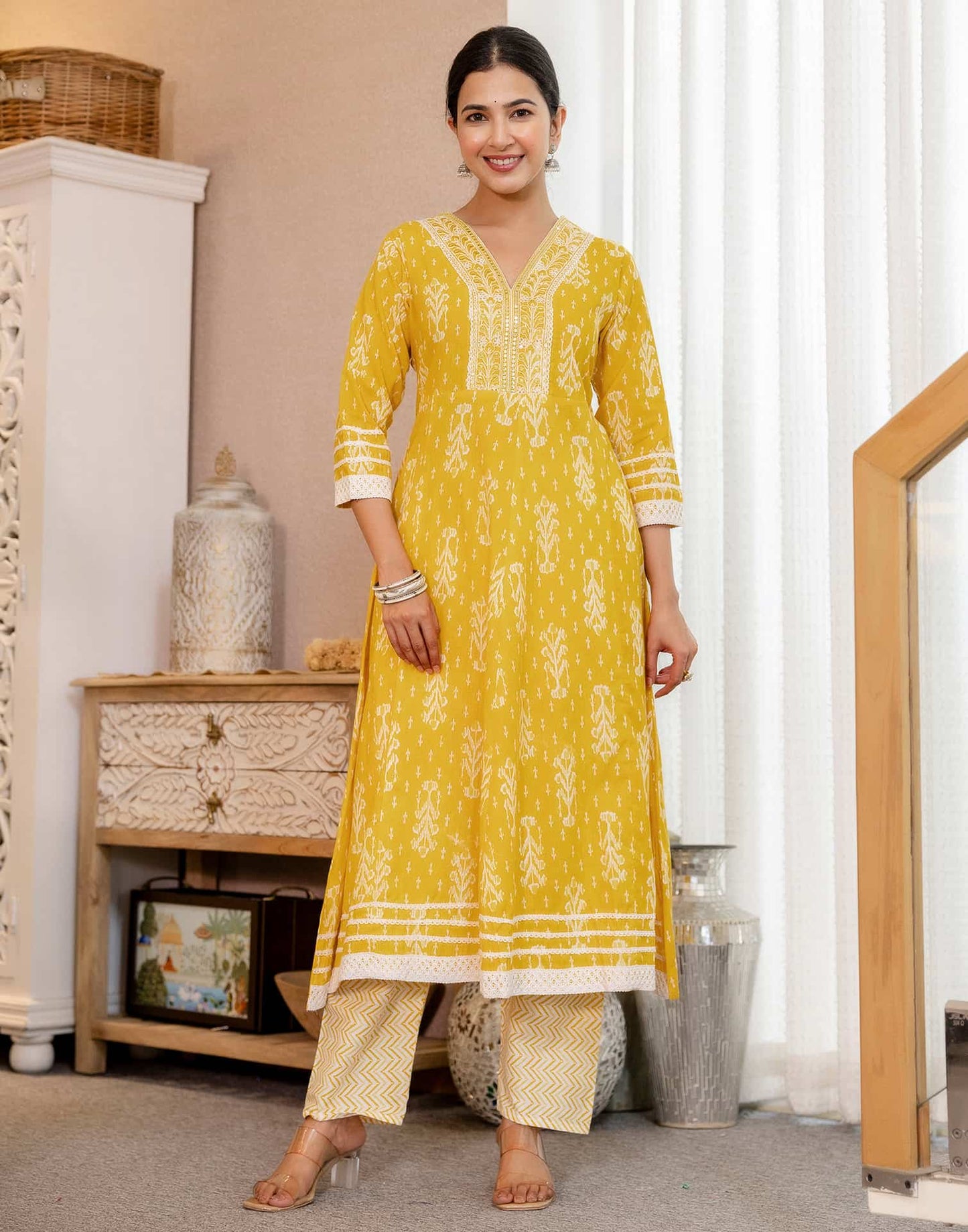 Cotton Anarkali Printed V-Neck Kurta with Pant & Dupatta