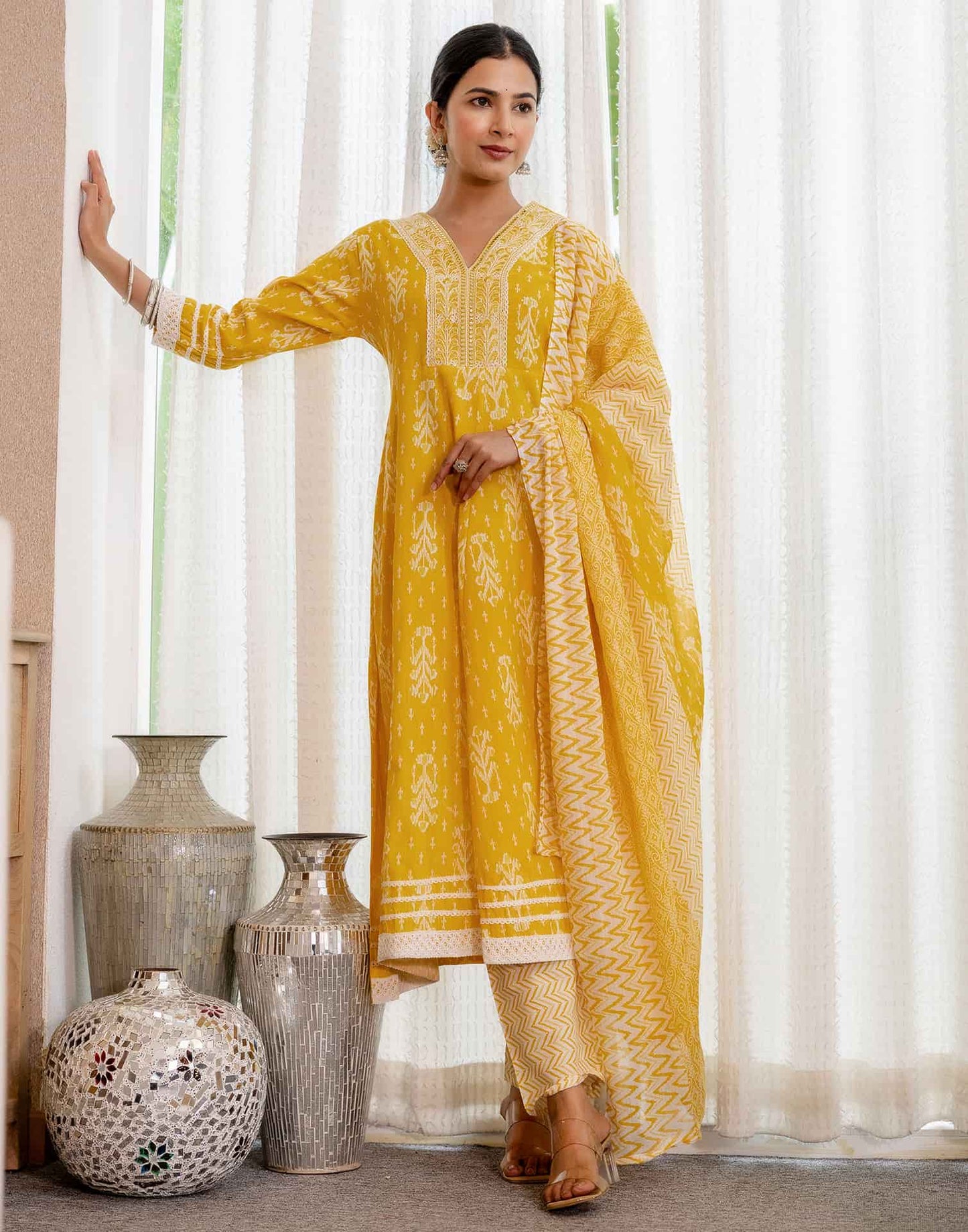 Cotton Anarkali Printed V-Neck Kurta with Pant & Dupatta