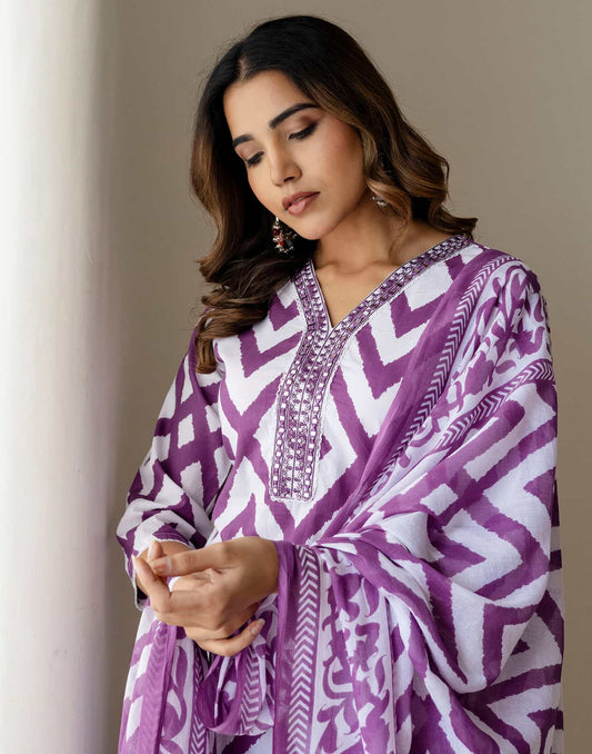 Cotton Straight Printed V-Neck Kurta with Pant & Dupatta