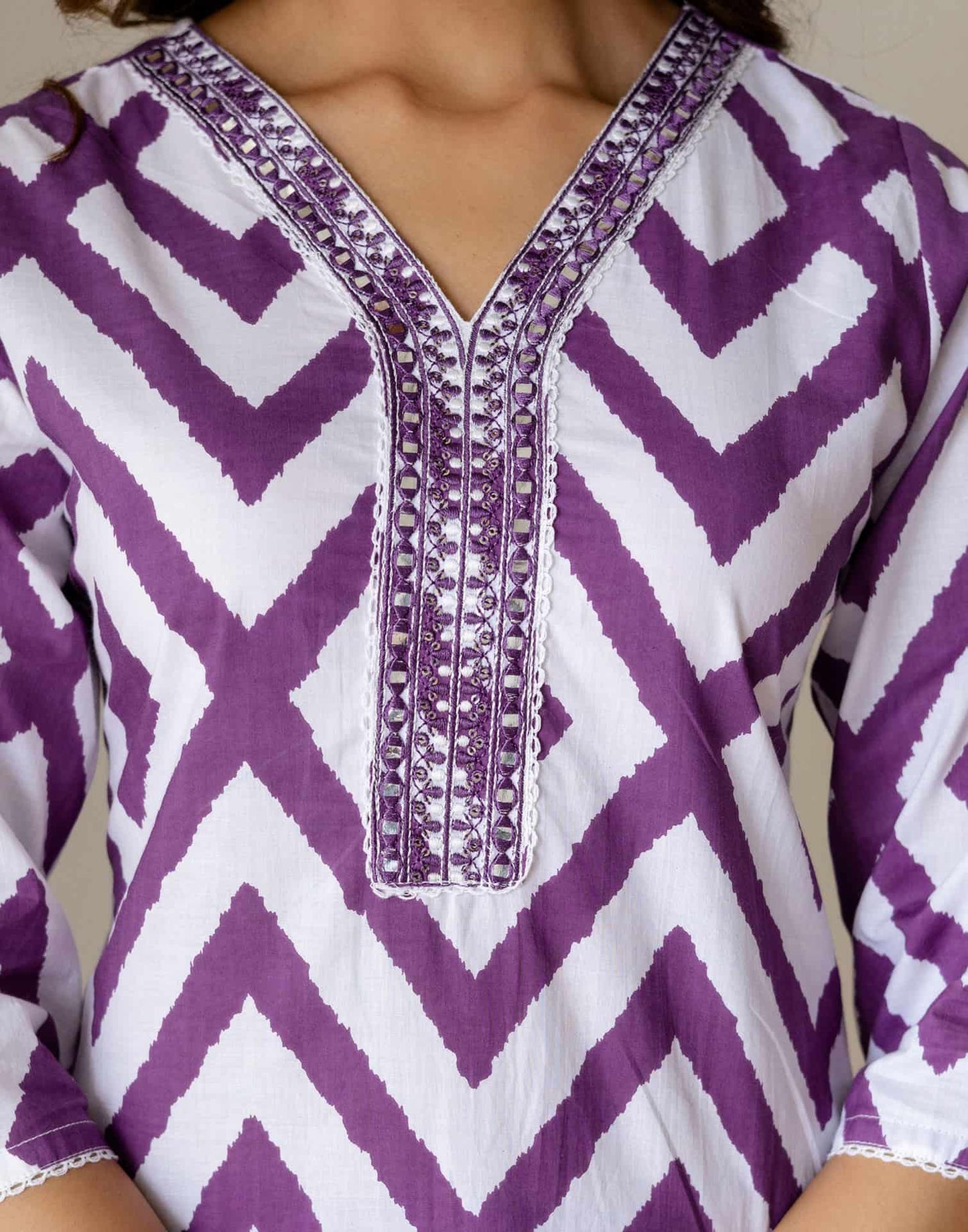 Cotton Straight Printed V-Neck Kurta with Pant & Dupatta