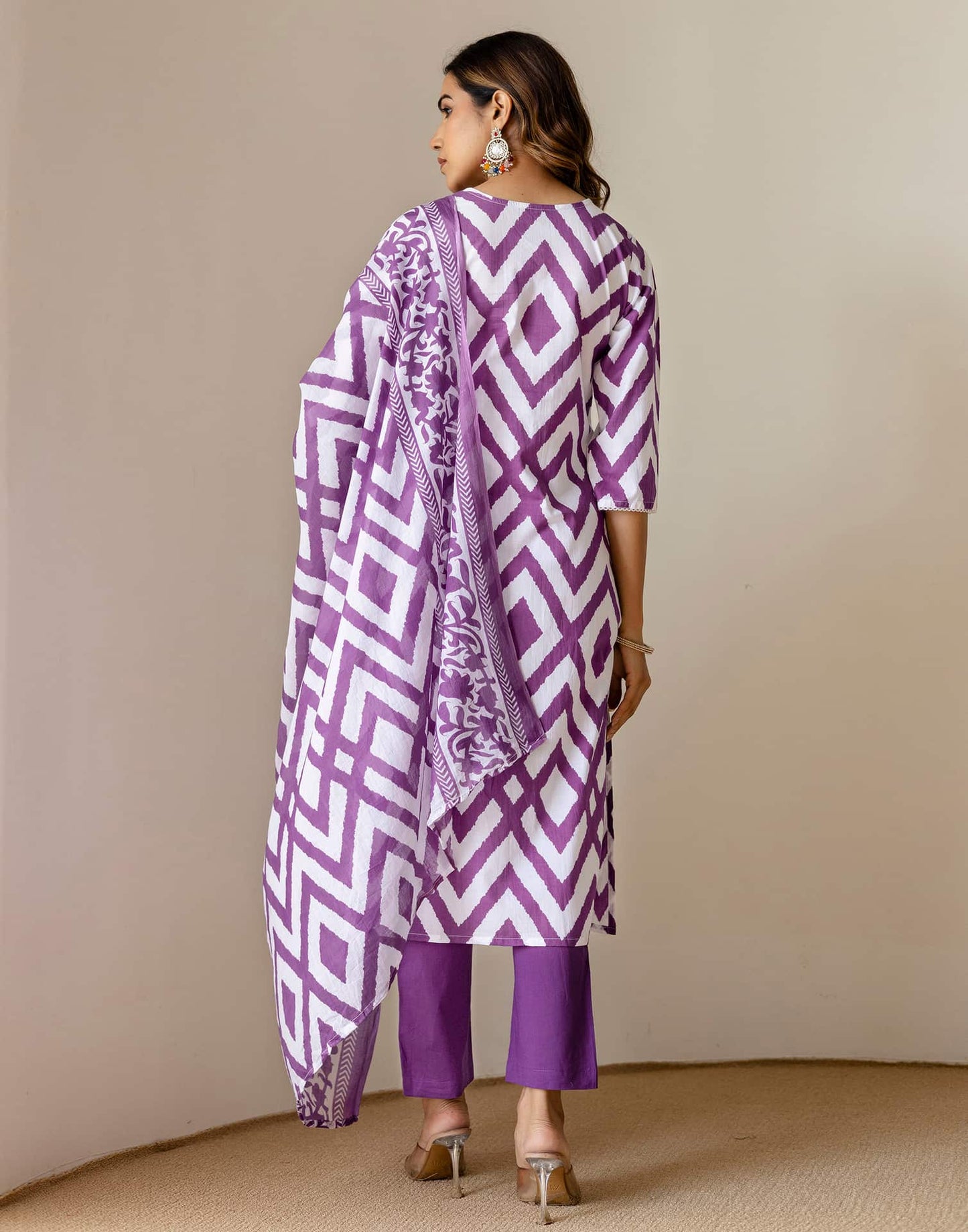 Cotton Straight Printed V-Neck Kurta with Pant & Dupatta