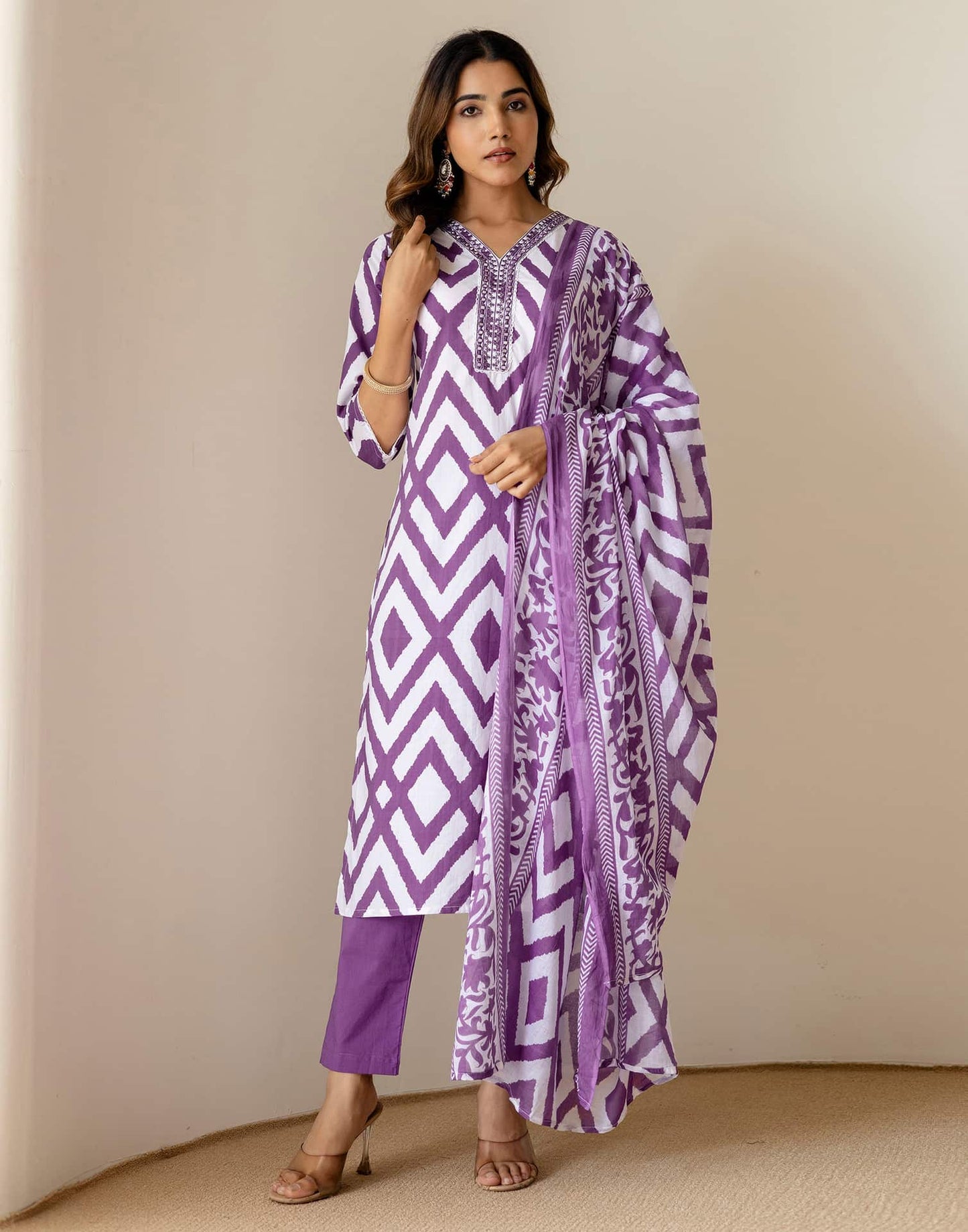 Cotton Straight Printed V-Neck Kurta with Pant & Dupatta