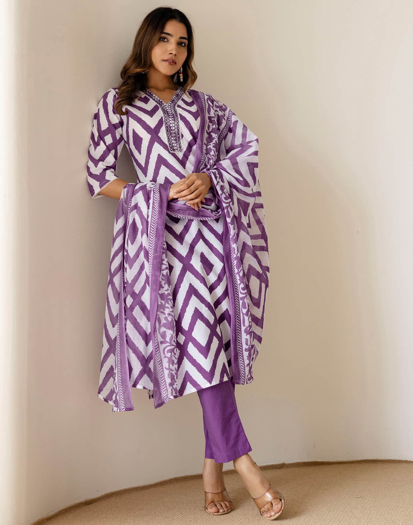 Cotton Straight Printed V-Neck Kurta with Pant & Dupatta