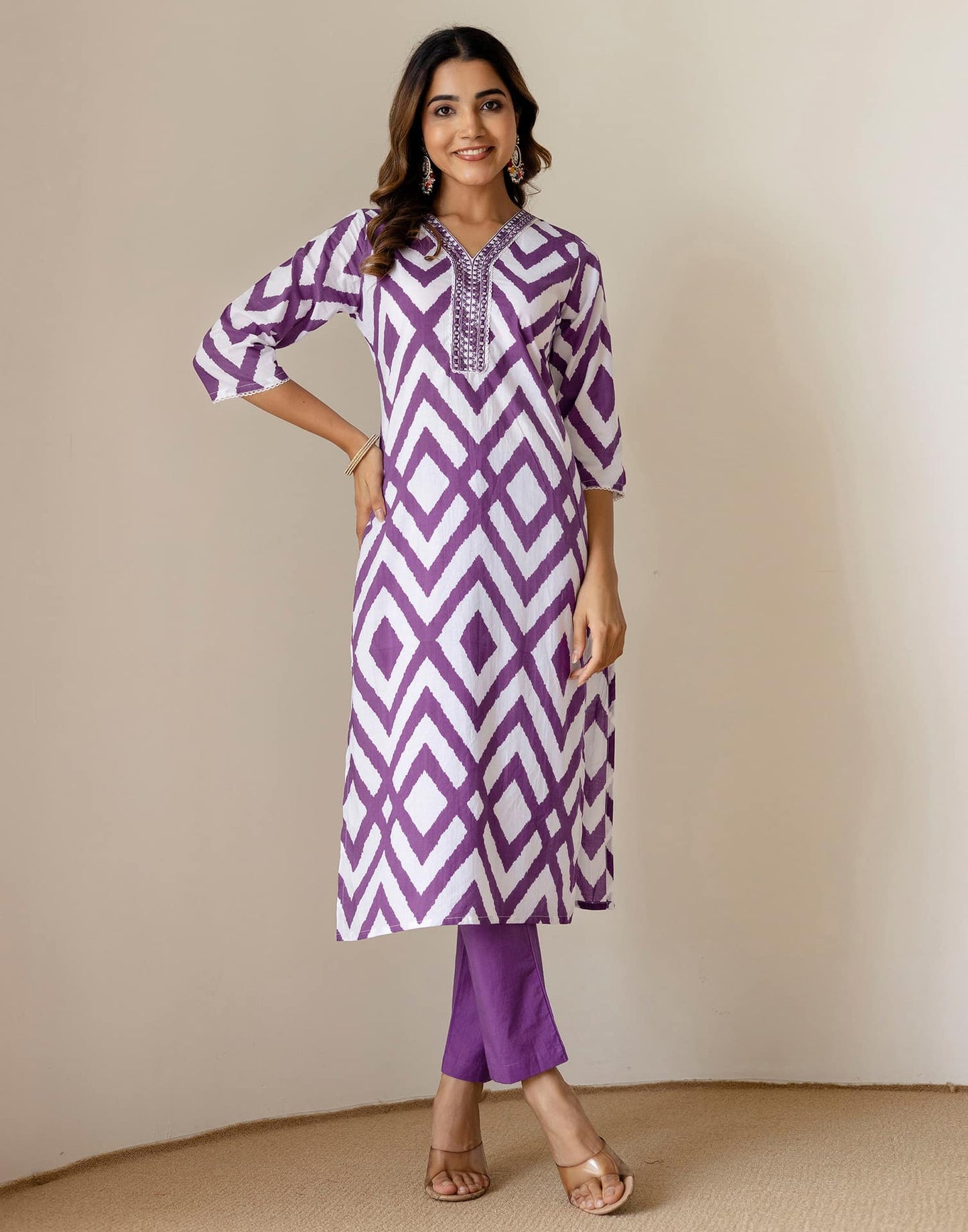Cotton Straight Printed V-Neck Kurta with Pant & Dupatta