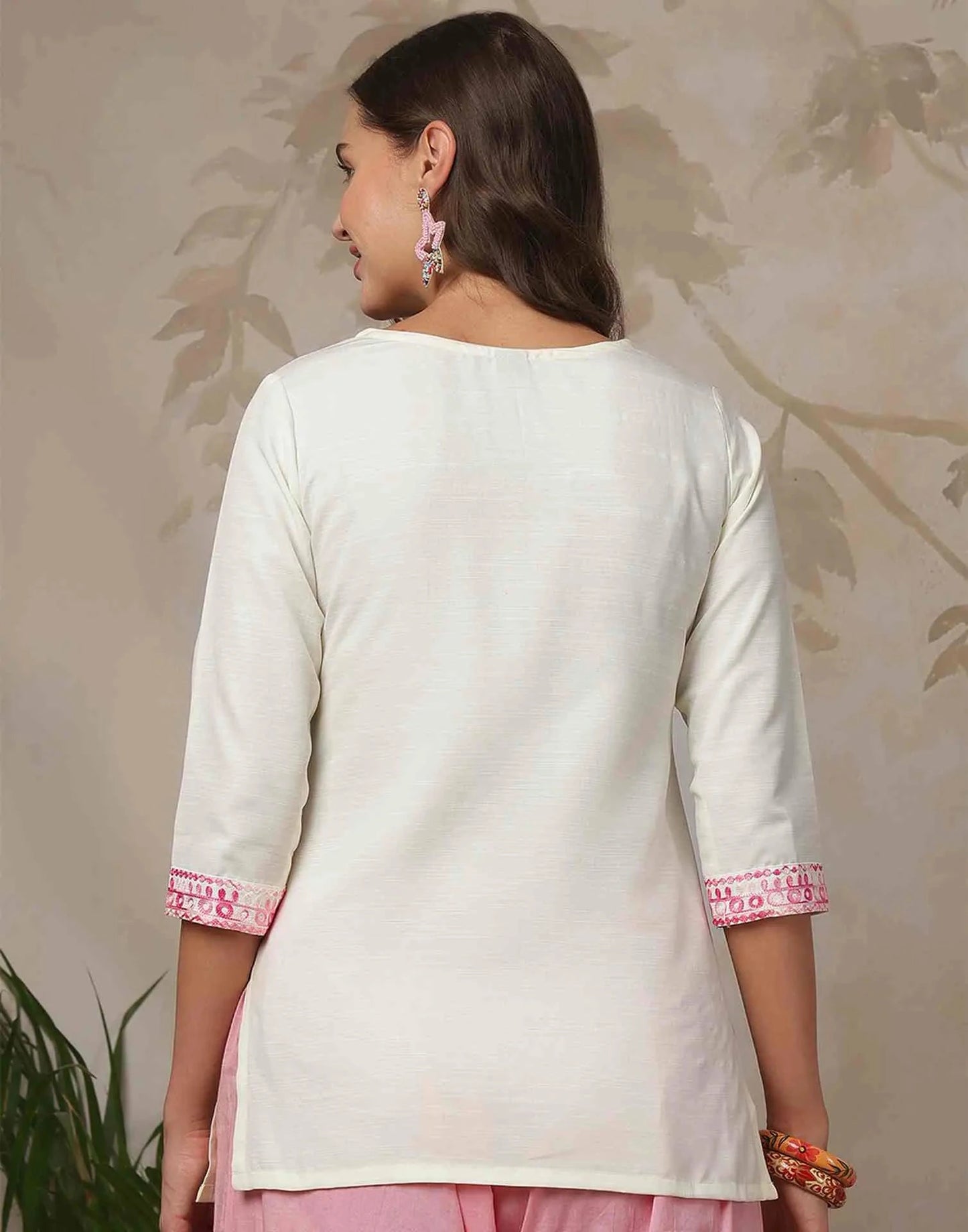 Cotton Blend Chikankari Straight Round Neck Short Kurti