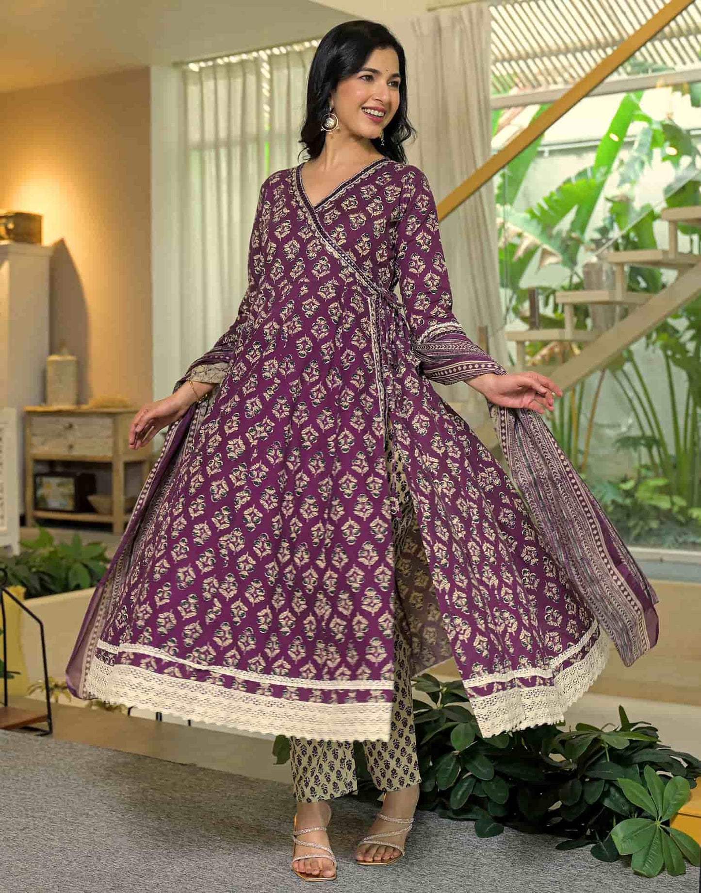 Cotton Printed Anarkali Kurta with Pant & Dupatta