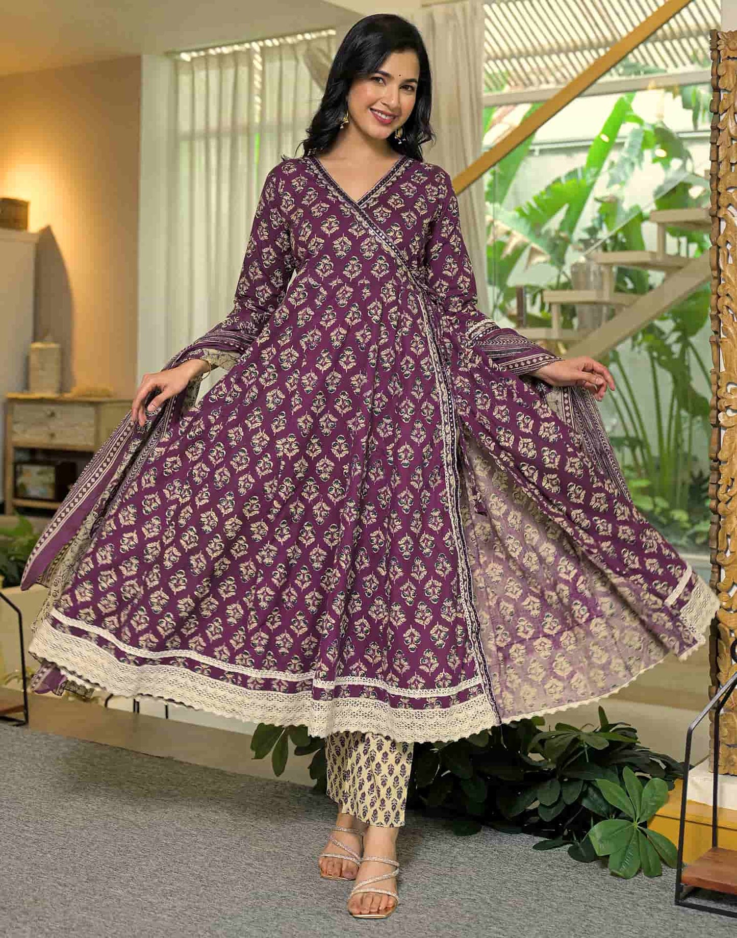 Cotton Printed Anarkali Kurta with Pant & Dupatta