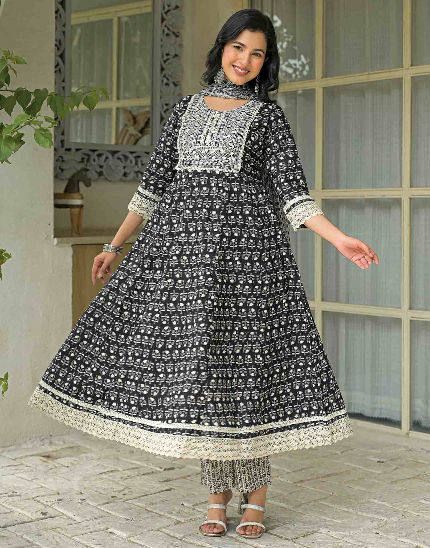 Cotton Embroidered Anarkali Kurta with Pant & Dupatta