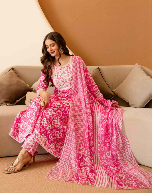 Cotton Printed Anarkali Kurta with Pant & Dupatta