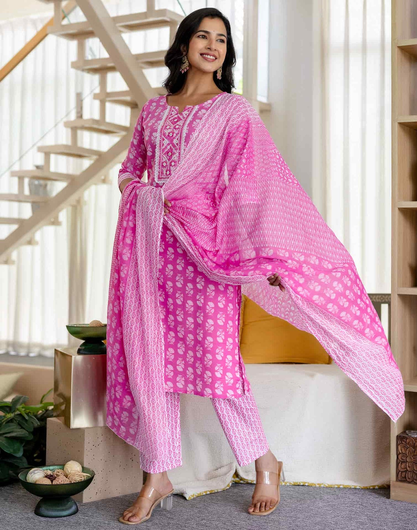 Cotton Printed Straight Kurta with Pant & Dupatta