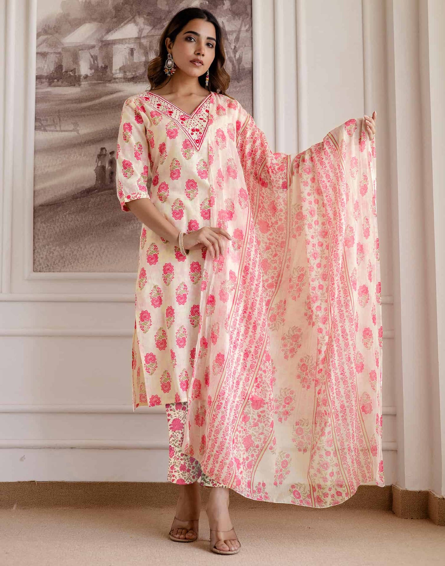 Cotton Printed Straight Kurta with Pant & Dupatta