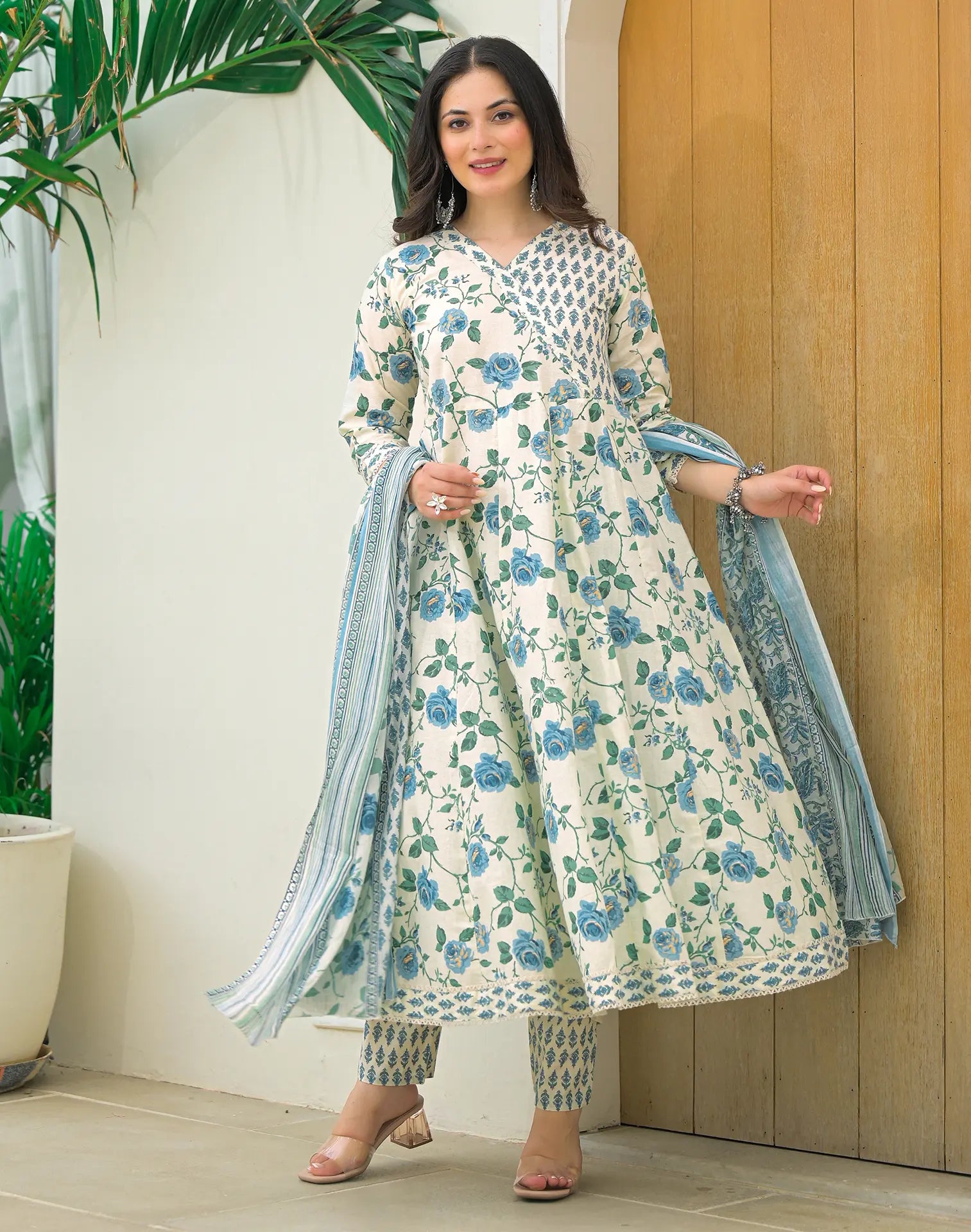 Viscose Rayon Floral Print Anarkali 3 Piece Kurta Set