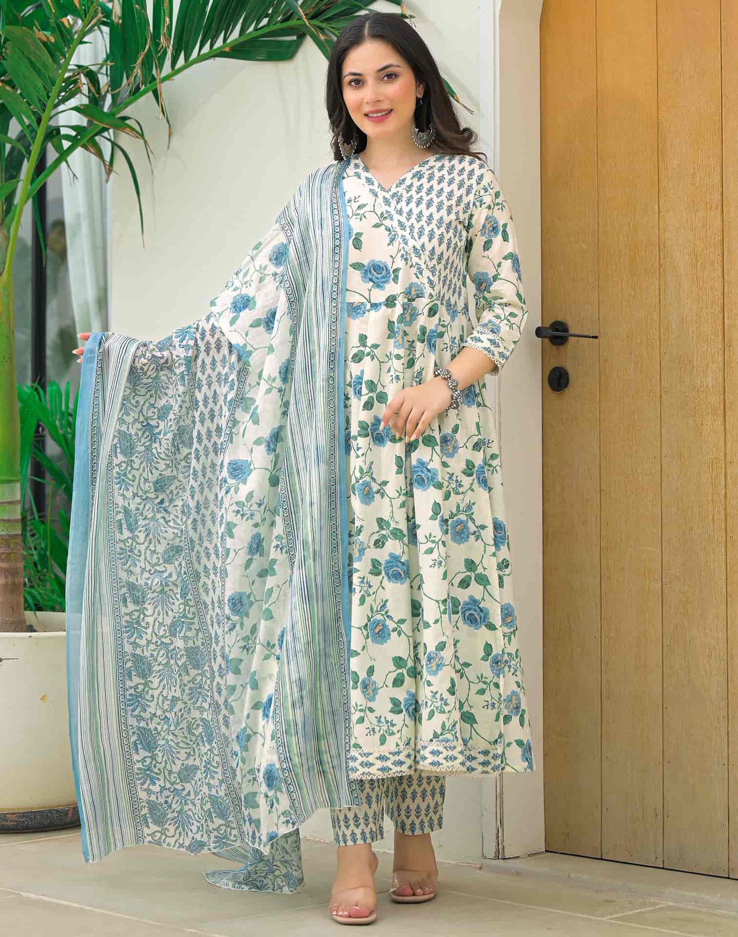 Cotton Printed Anarkali Kurta with Pant & Dupatta
