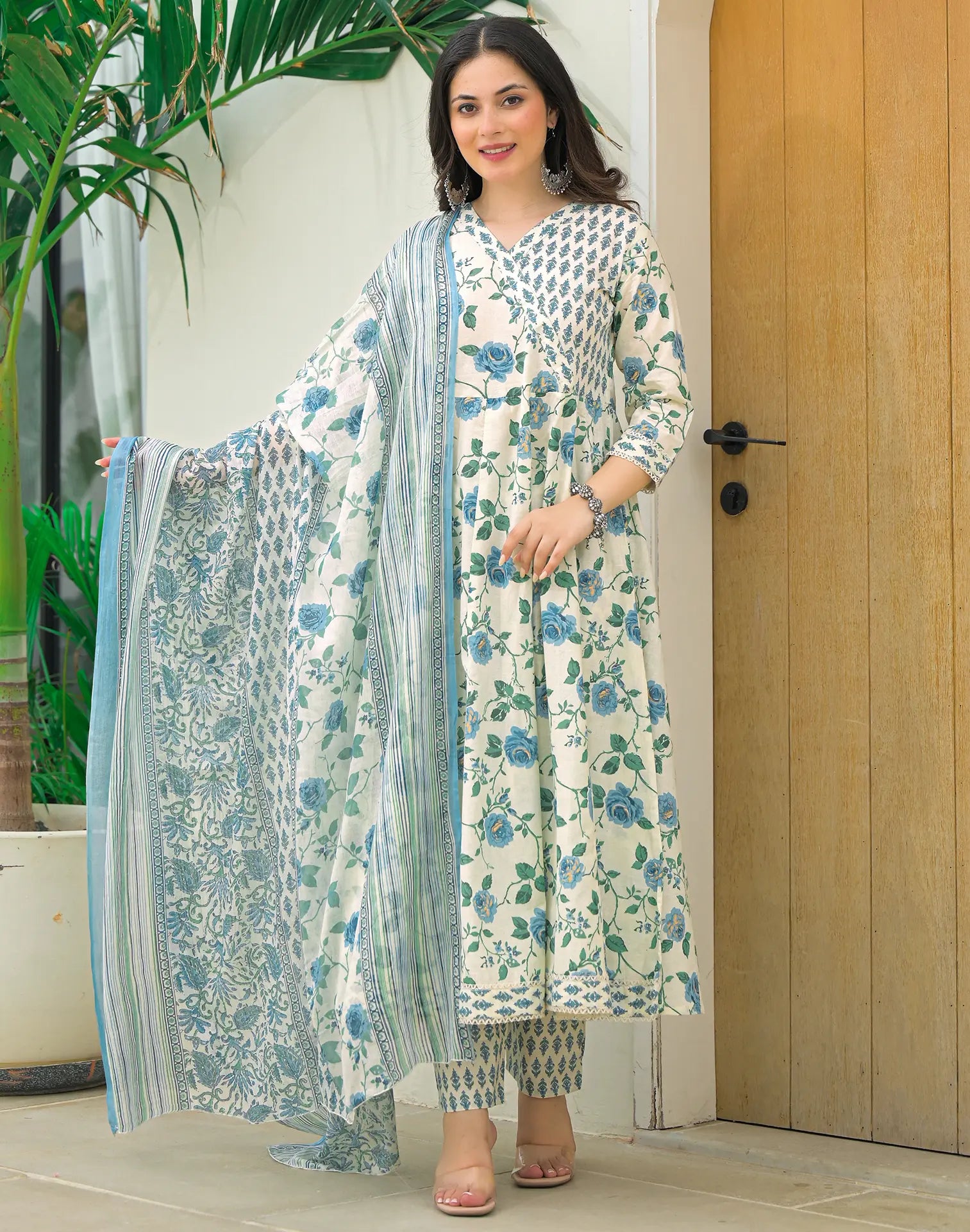 Viscose Rayon Floral Print Anarkali 3 Piece Kurta Set