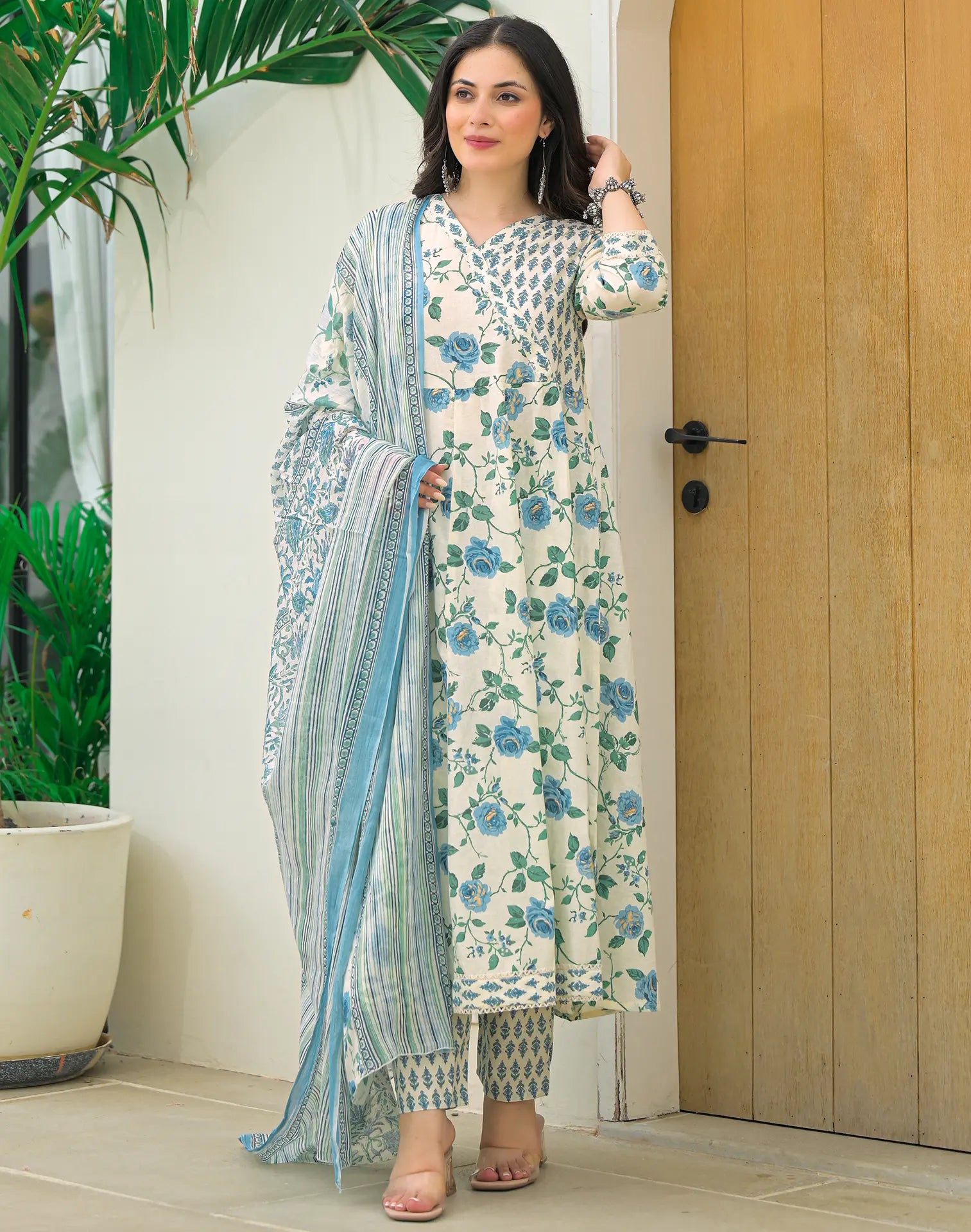 Viscose Rayon Floral Print Anarkali 3 Piece Kurta Set