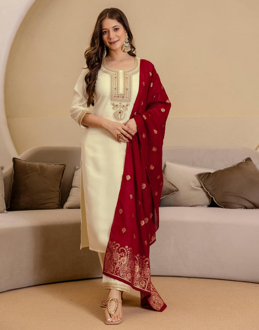 Silk Embroidered Straight Kurta with Pant & Dupatta