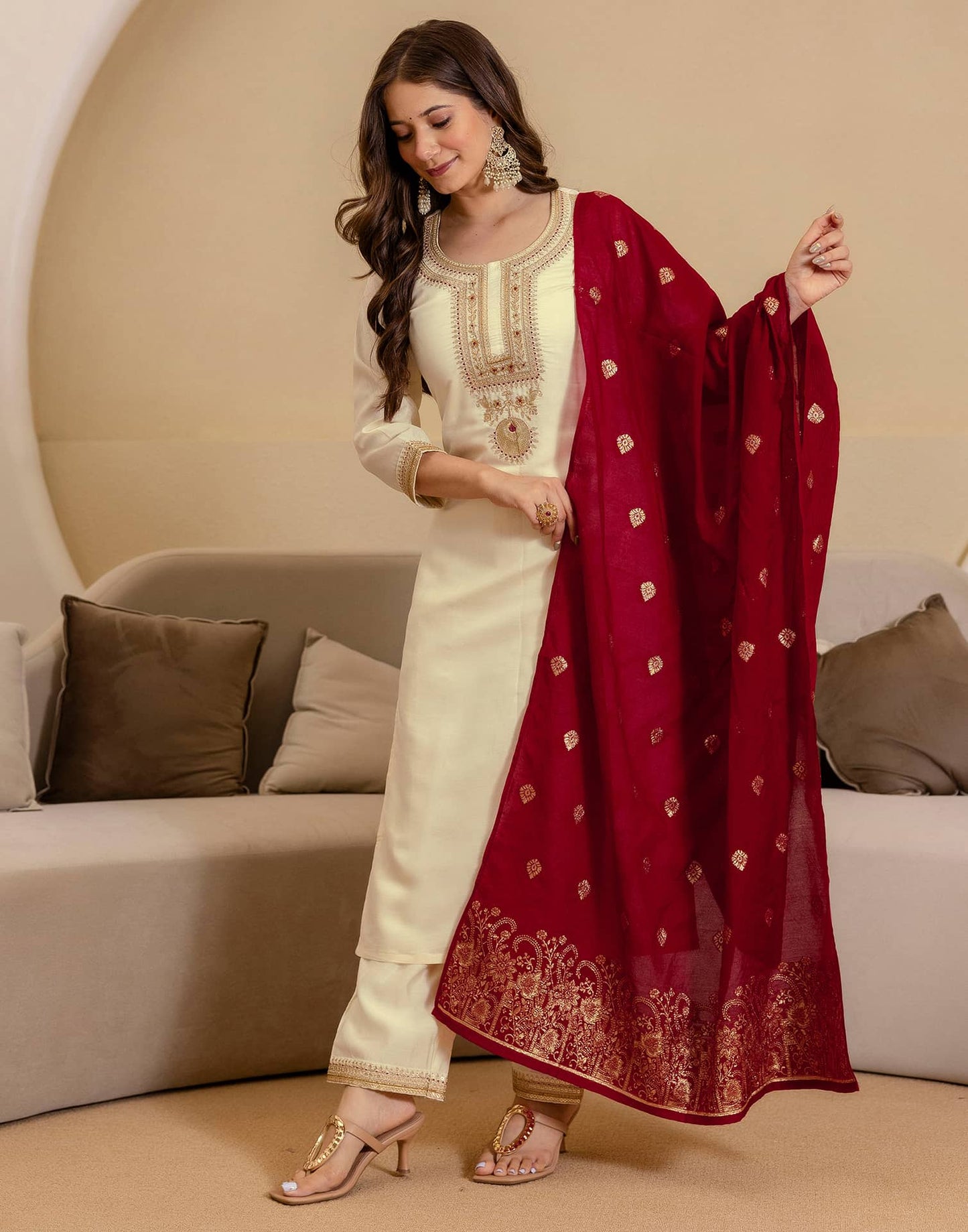 Silk Embroidered Straight Kurta with Pant & Dupatta