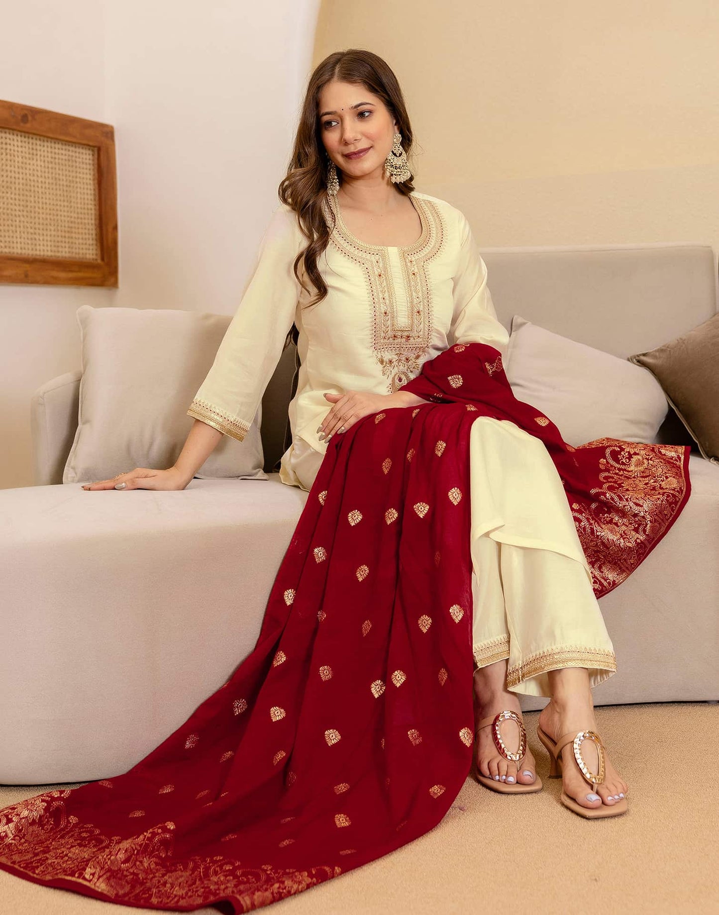 Silk Embroidered Straight Kurta with Pant & Dupatta