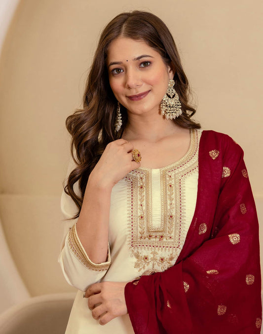 Silk Embroidered Straight Kurta with Pant & Dupatta