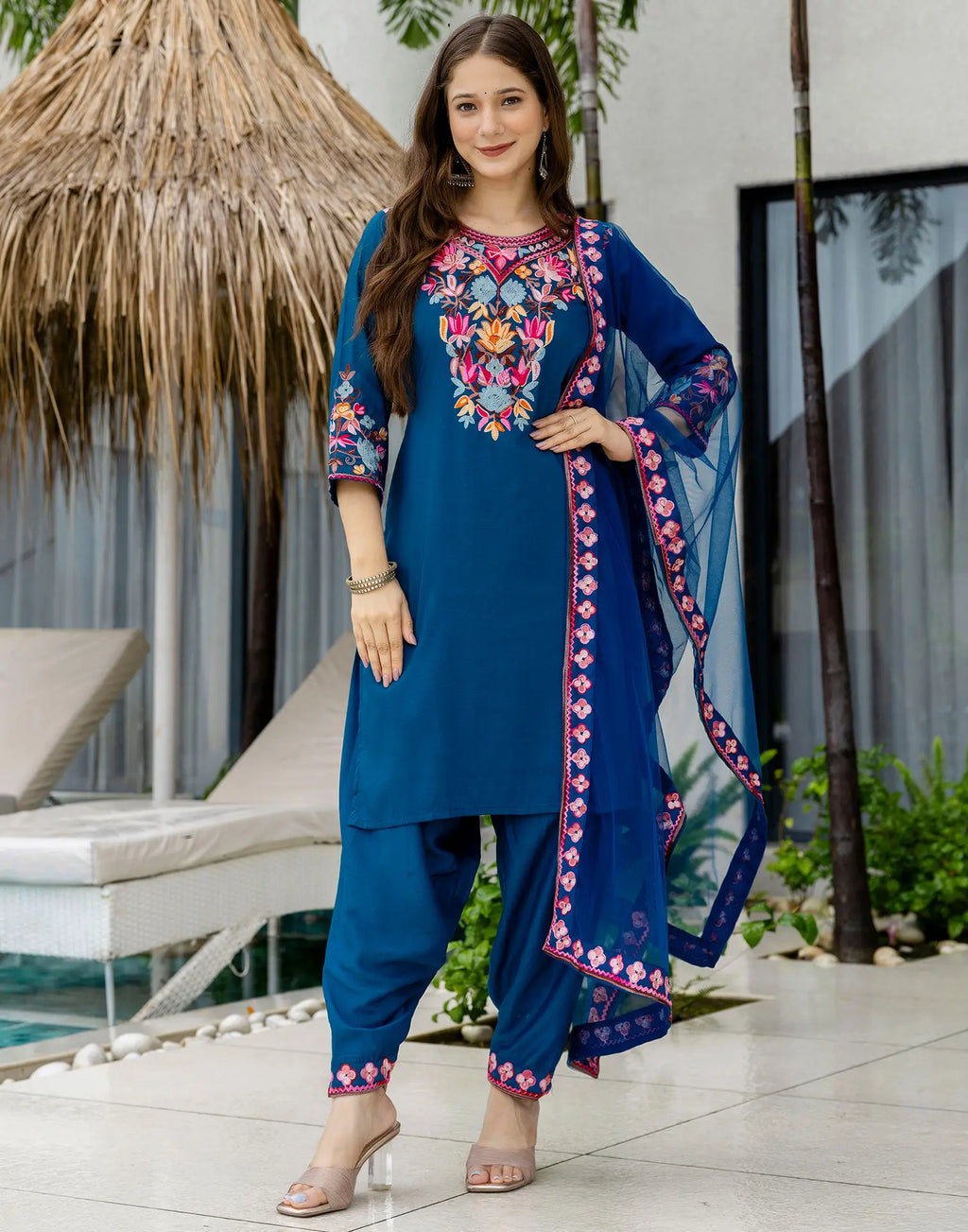 Poly Chinnon Embroidered Straight 3 Piece Kurta Set