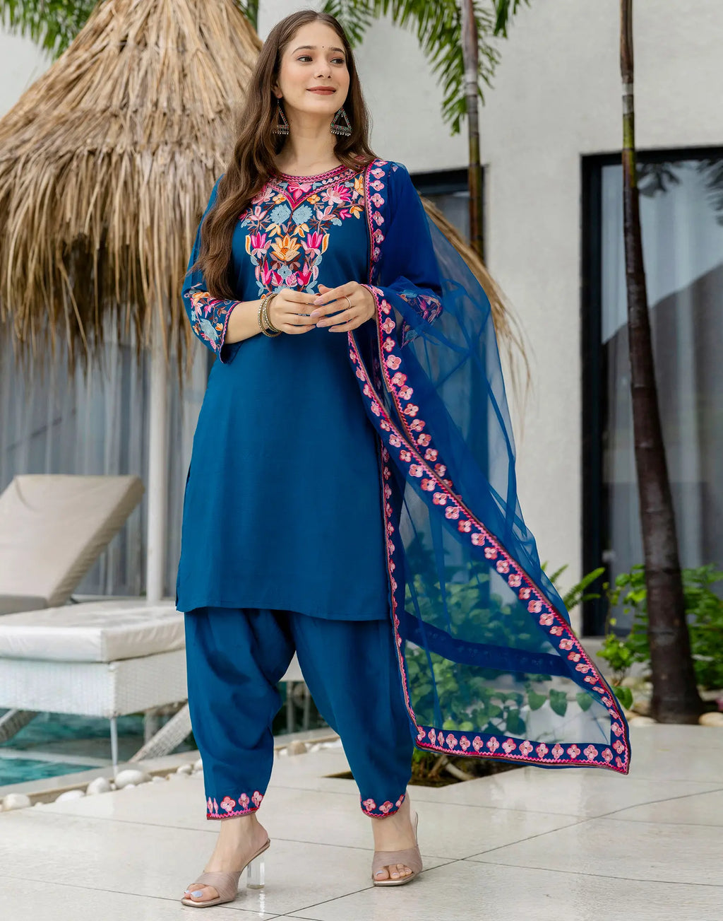 Poly Chinnon Embroidered Straight 3 Piece Kurta Set