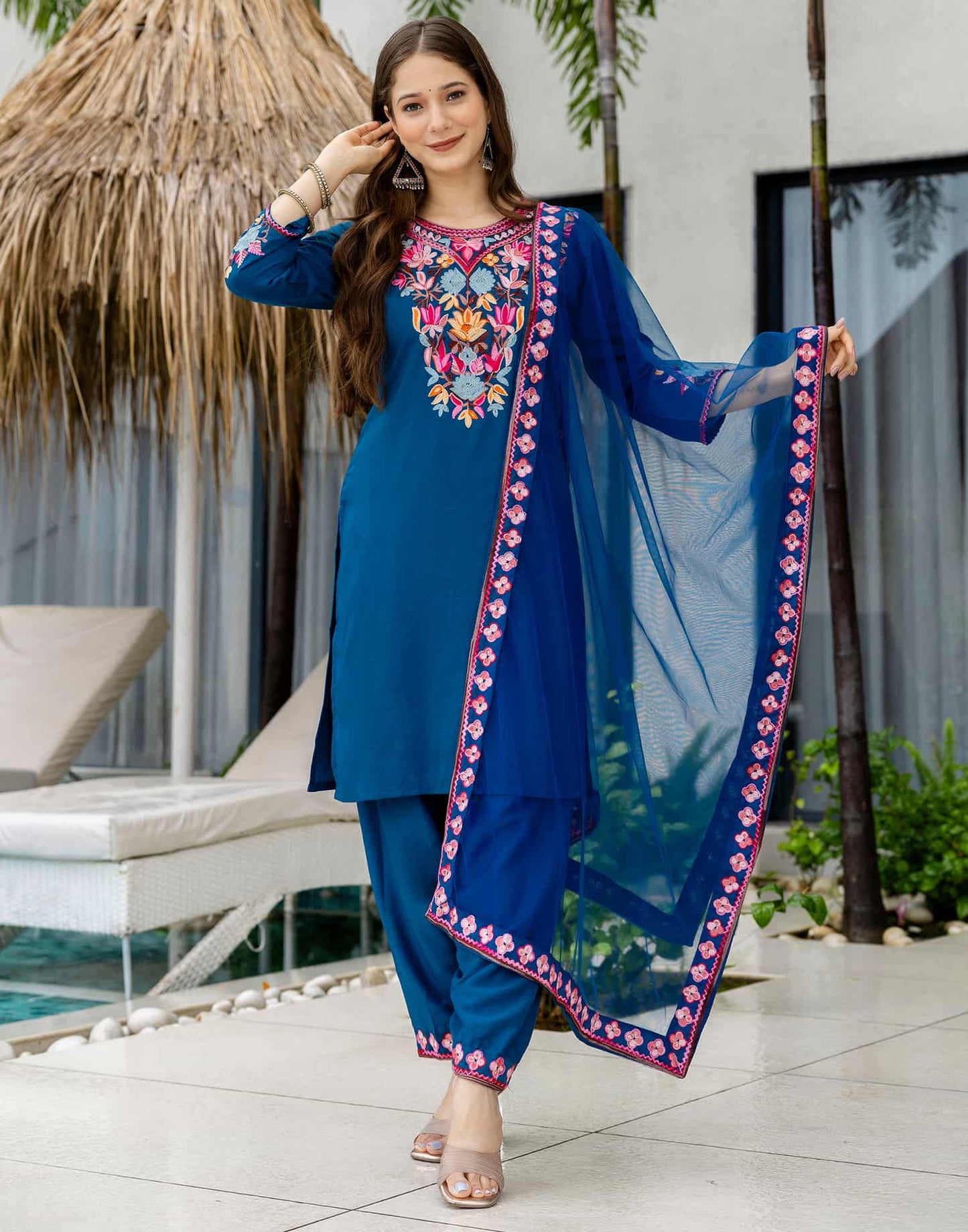 Chinnon Straight Embroidery Round Neck Kurta with Pant & Dupatta