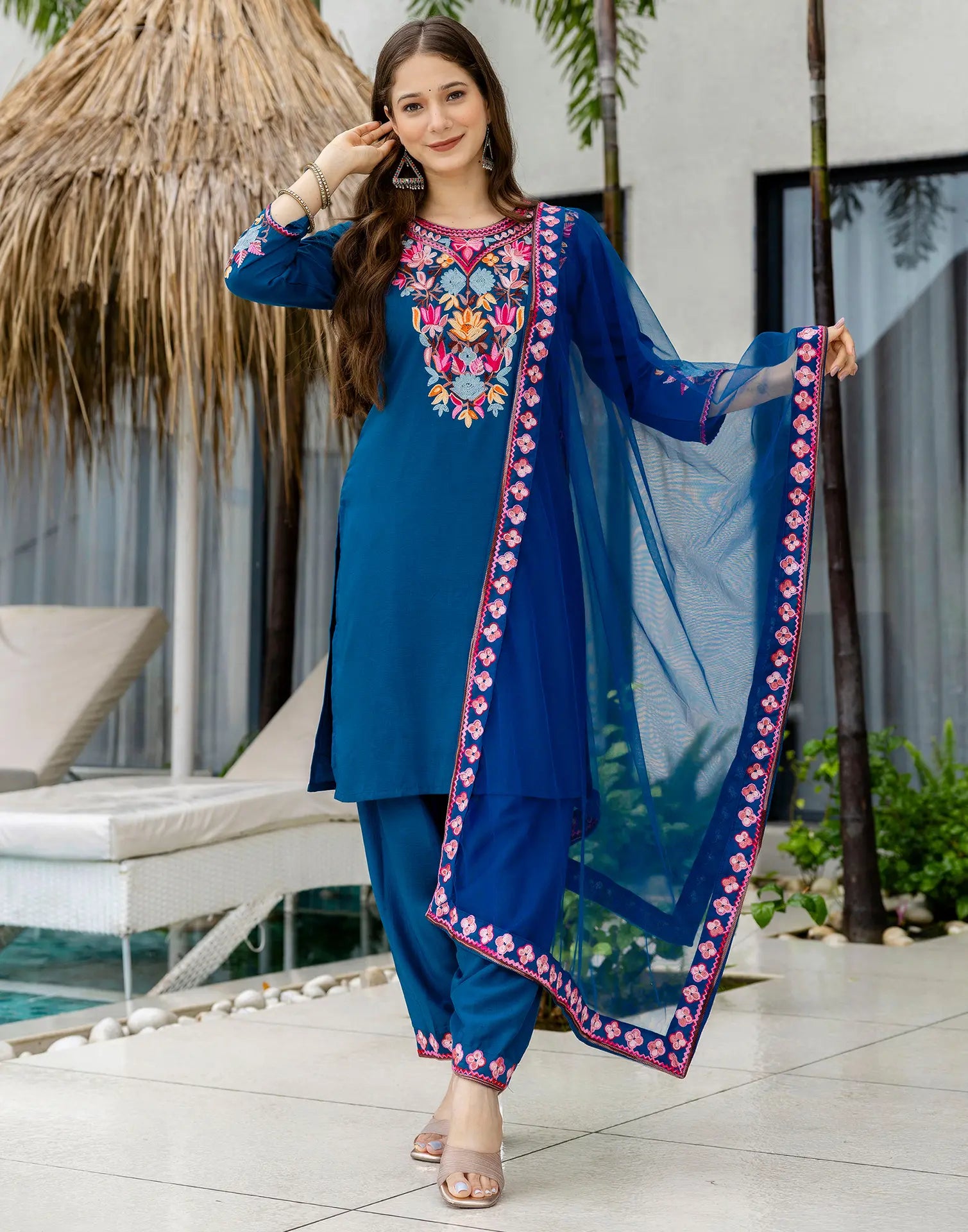 Poly Chinnon Embroidered Straight 3 Piece Kurta Set