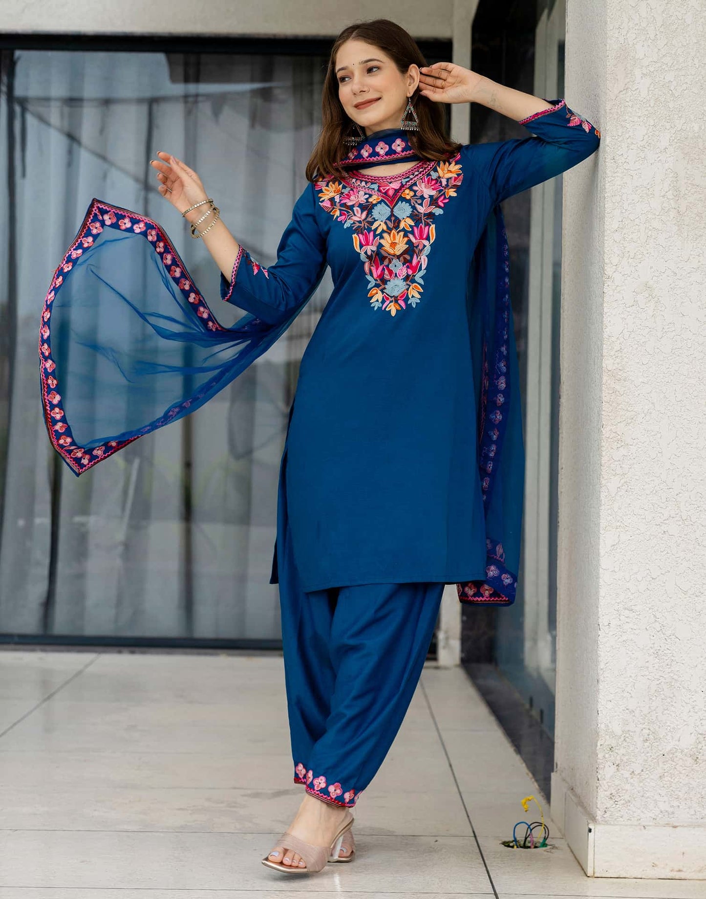 Chinnon Straight Embroidery Round Neck Kurta with Pant & Dupatta